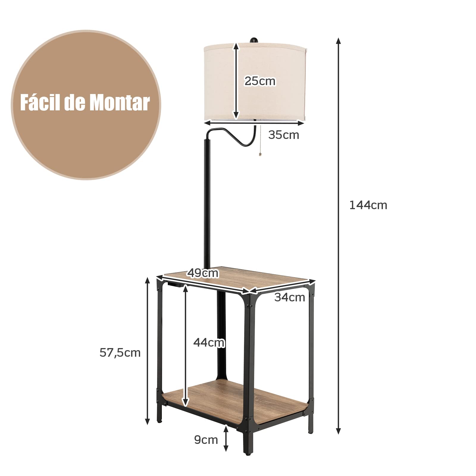 COSTWAY Lámpara de Pie con Mesa y Puertos de Carga USB, Lámpara de Mesa con Brazo Giratorio de 360°, Lámpara de Lectura de Pie Mesita de Noche para Salón, Dormitorio