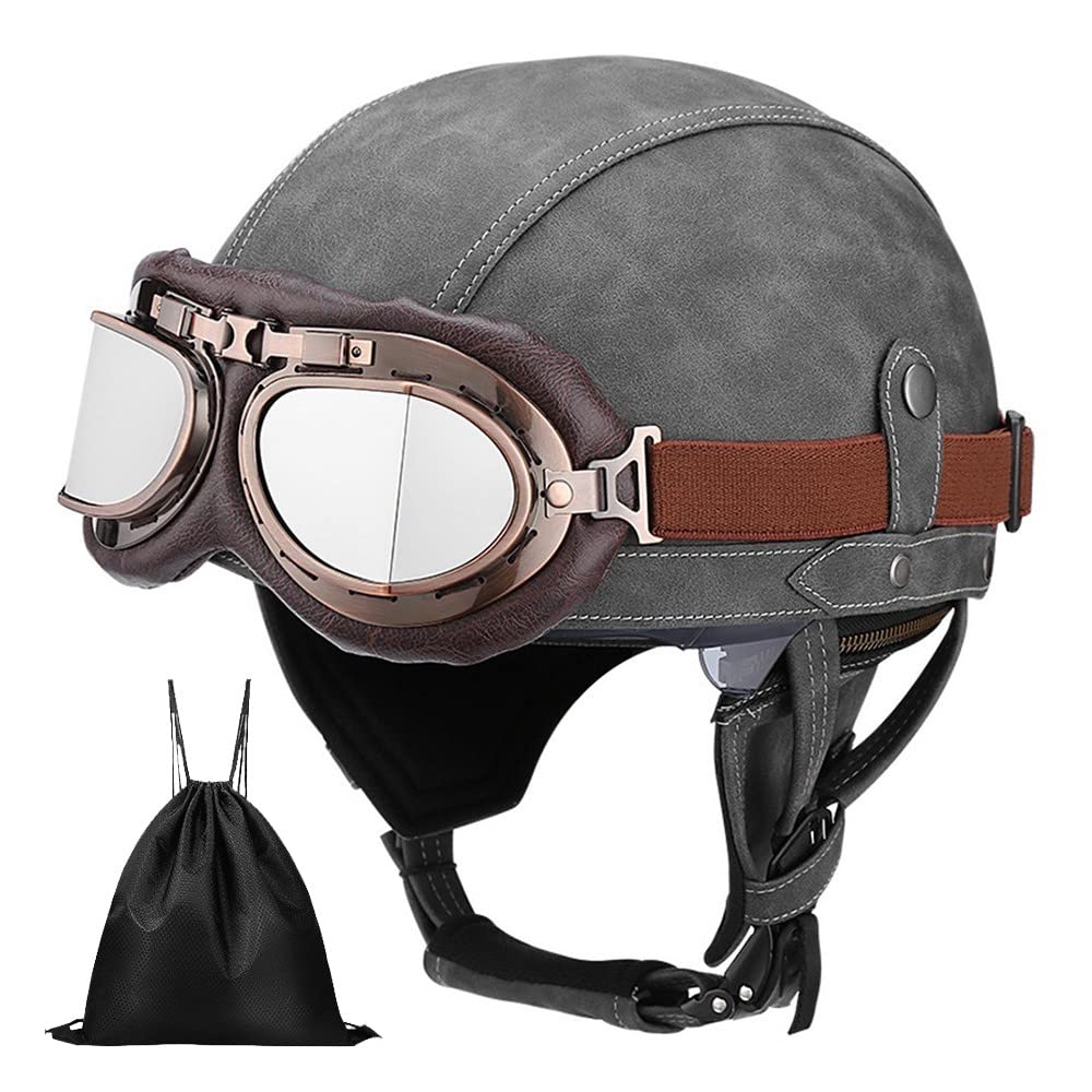 Casque de Moto Vintage Cuir Retro Vintage Scooter Open Face Demi Casque de Cuir avec Lunettes Certifié ECE Bols pour Homme et Femme Adultes Demi-Casques avec Sac de Rangement