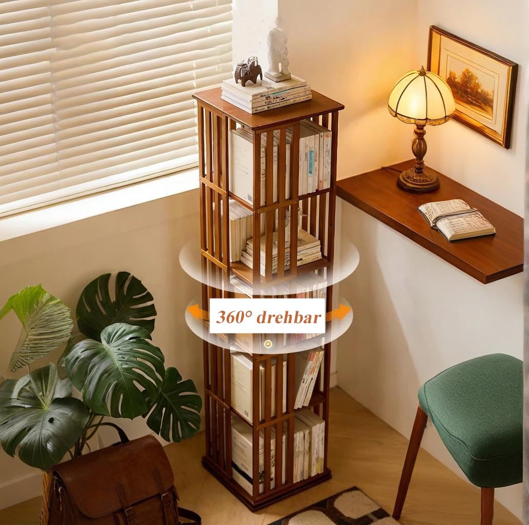 Drehbares Bücherregal aus Bambus – 5 Ebenen 360° Rotationsregal, platzsparendes Standregal für Schlafzimmer, Wohnzimmer & Arbeitszimmer (37x37x149cm)