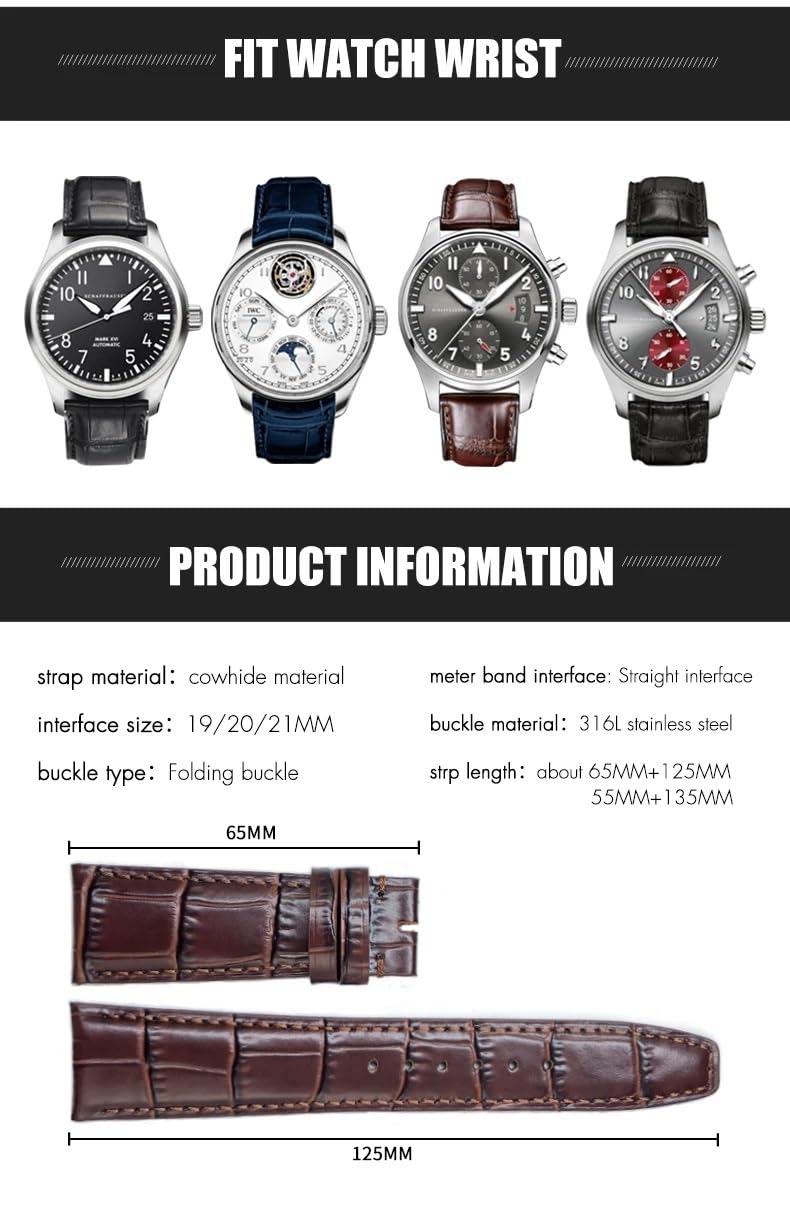 Pasek do zegarka z prawdziwej skóry bydlęcej do zegarków pilotów rodziny IWC Portugieser Porotfino, pasek do zegarka 20 mm, 21 mm i 22 mm, składana klamra