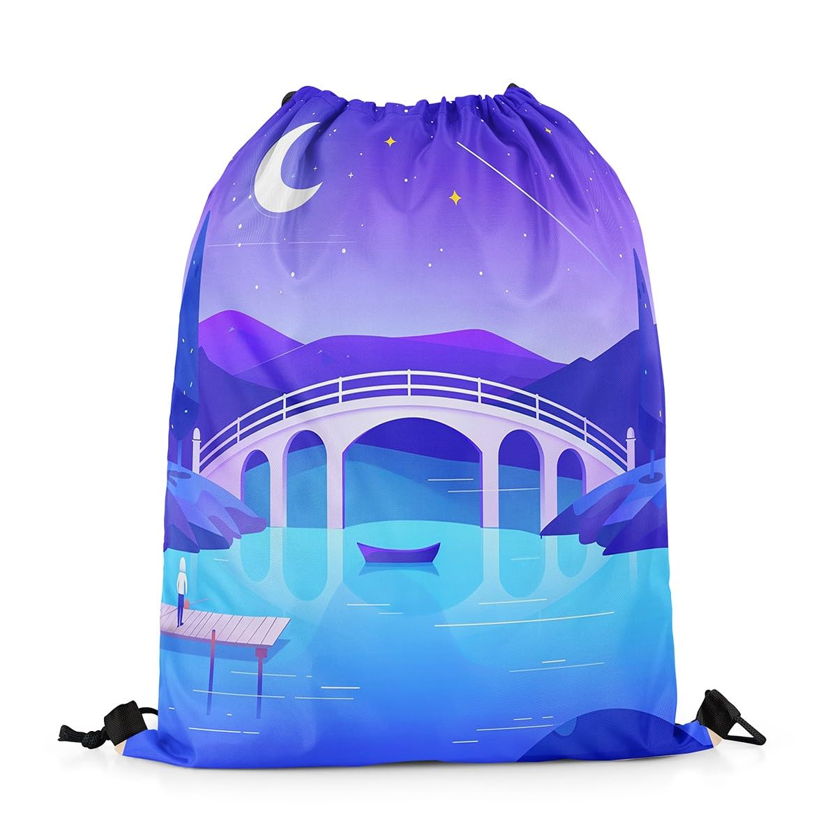 Homewish Purple Galaxy Draw String Back Bag Trippy Moon Meteor String Backpack 33 x 40 cm Bridge River Boat Drawstring Backpack Romantic Dreamy Drawstring Bags Foldable for Camping Traveling Trip