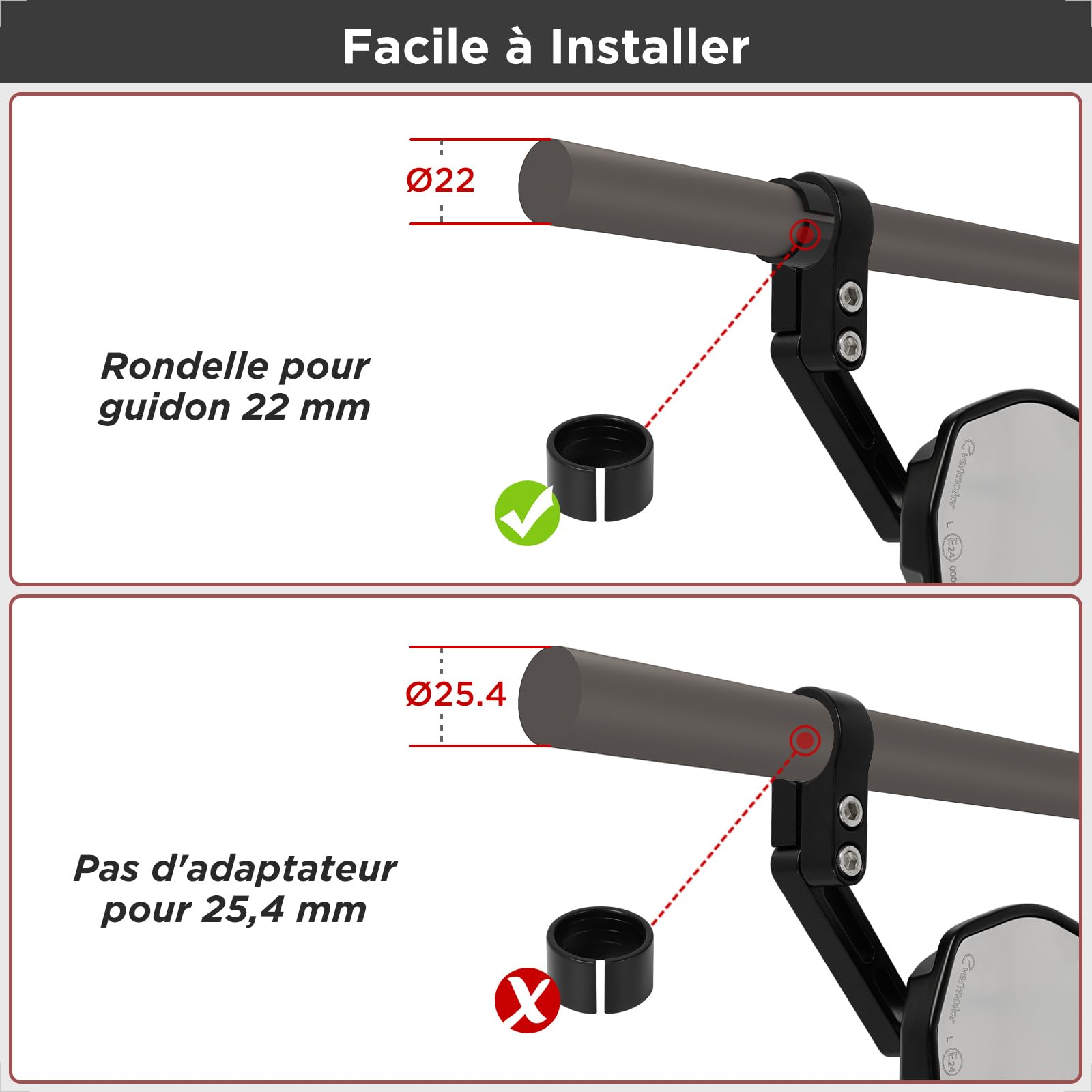 evermotor Rétroviseur moto homologué E, pivotant à 360°, miroir en bout de guidon pour guidon de 22mm et 25,4mm, universel, noir