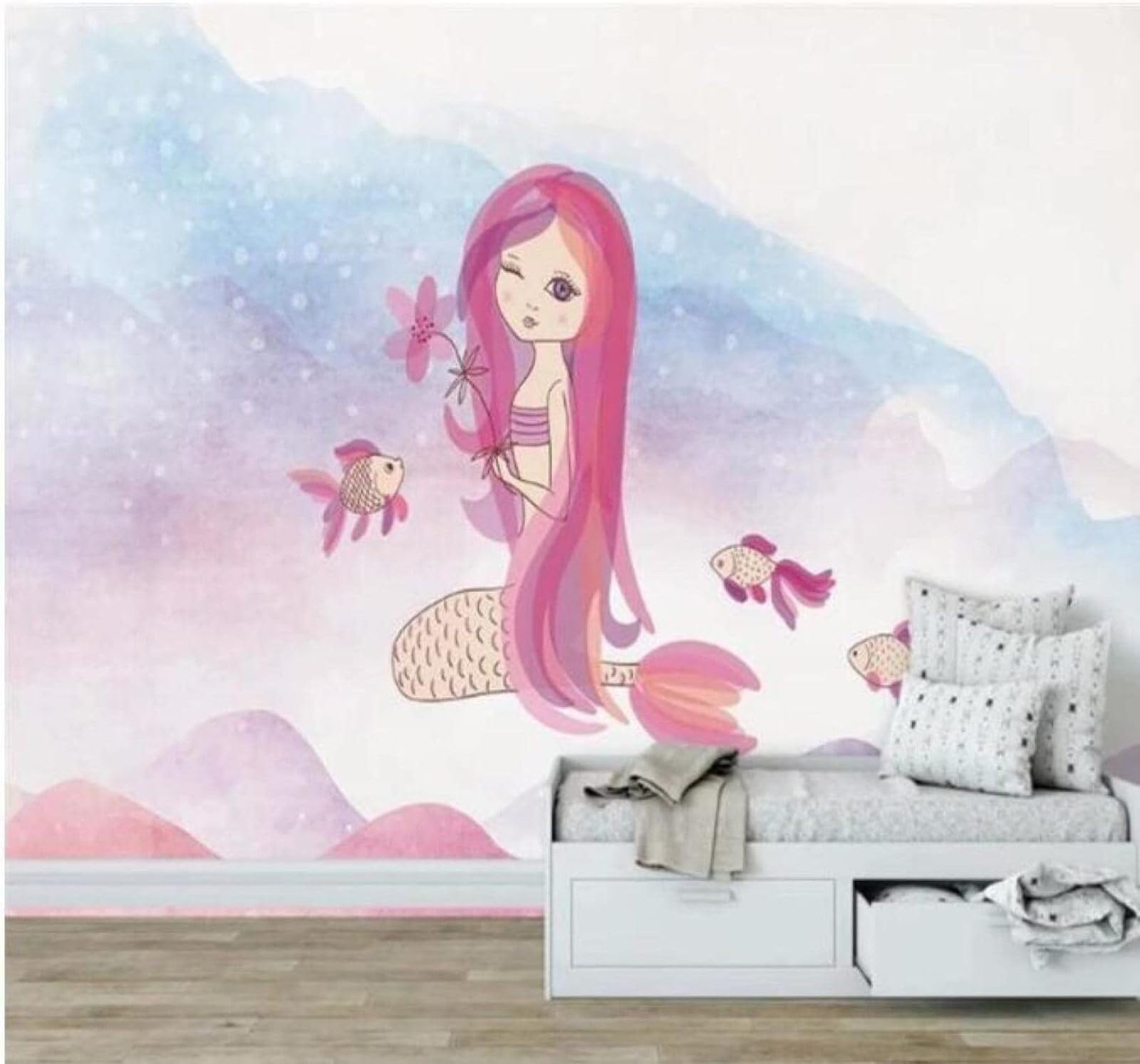 Xlming 400Cm×280Cm(B×H) Cartoon Beautiful Mermaid Little Fish Landscape 3D Wallpaper Luxury Home Dining Decor Paste Sofa Living Room The Wall For Bedroom Mural-400Cm×280Cm