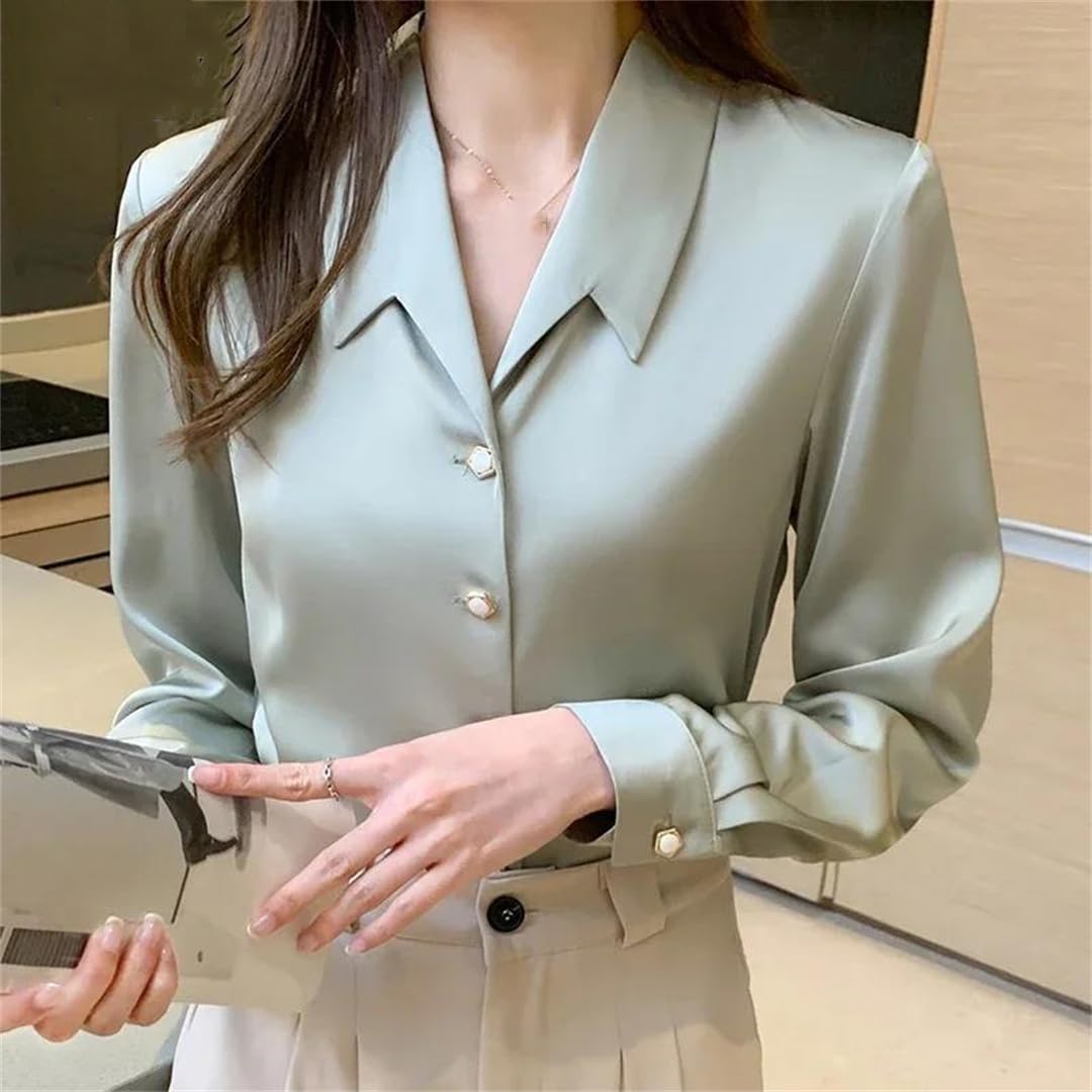 Blusas de satén para mujer, de manga larga, elegante, básica, con botones, de manga larga, simple, formal, casual