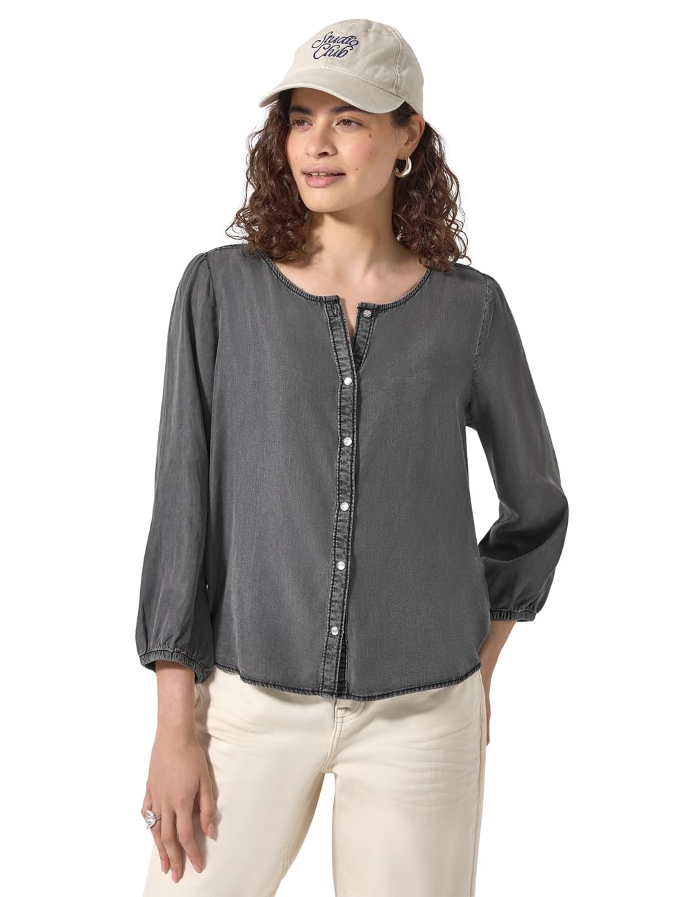 Street One Studio 3/4 Sleeve Denim Blouse with Crew Neck, Tencel Grey, 46
