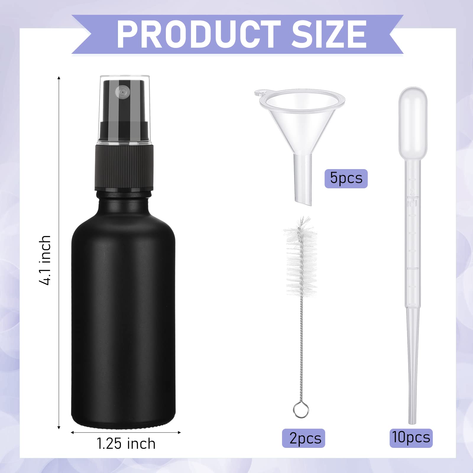 Nuogo 100 flaconi spray in vetro da 56,7 ml, flaconi per cosmetici riutilizzabili, vuoti, piccoli, con 10 contagocce, 5 imbuti, spazzole per soluzioni di pulizia degli oli essenziali (nero)