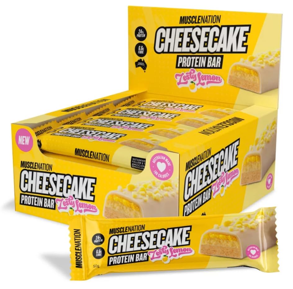 Muscle Nation Cheesecake Lemon – Protein Bar Full of Flavour featuring a biscuity base layer, topped with a soft cheesecake filling to Support Training Goals 12 x 50g