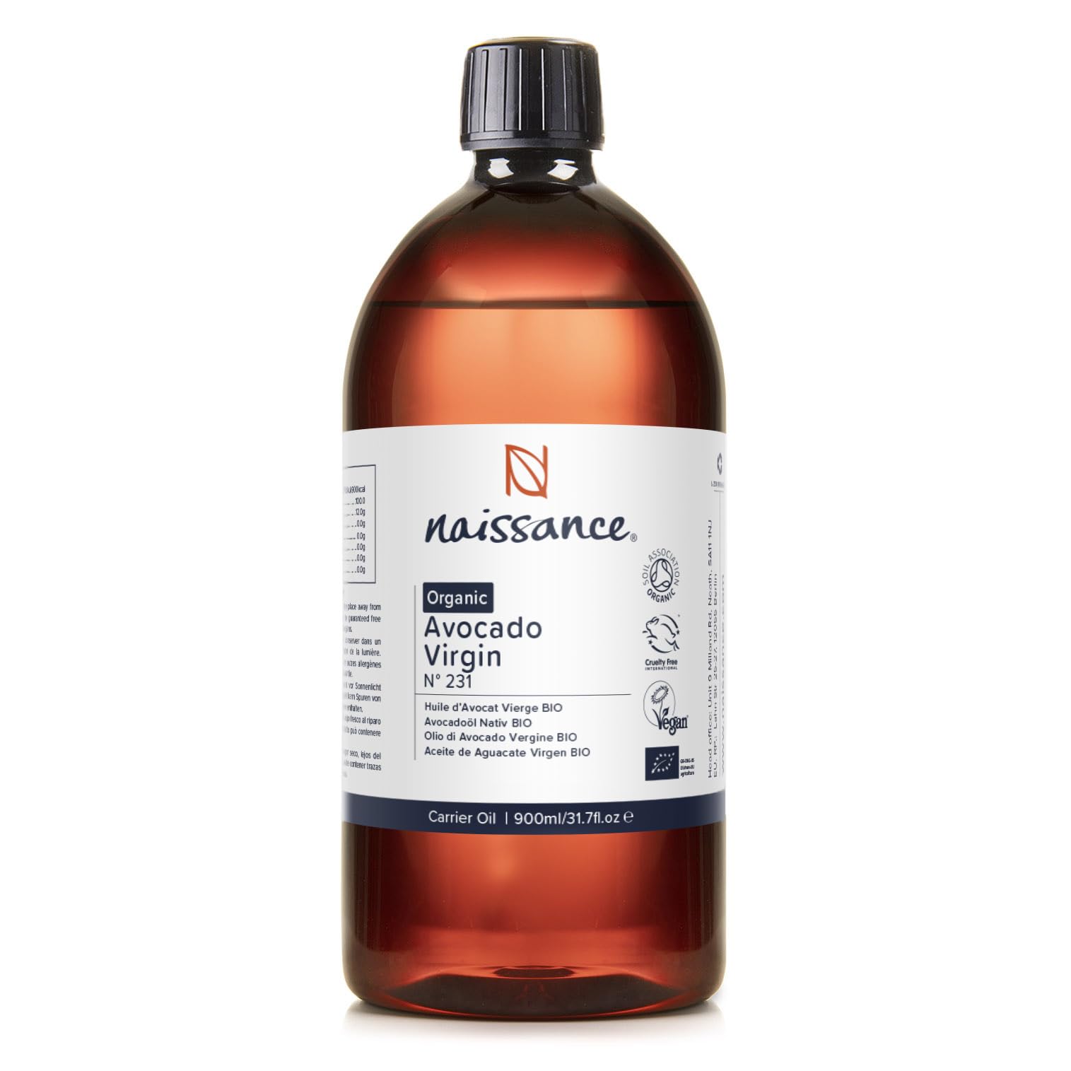 Naissance Organic Avocado Oil (No. 231) - 900 ml - Base Oil, Massage, DIY Beauty, Yellow, 900 ml (Pack of 1)