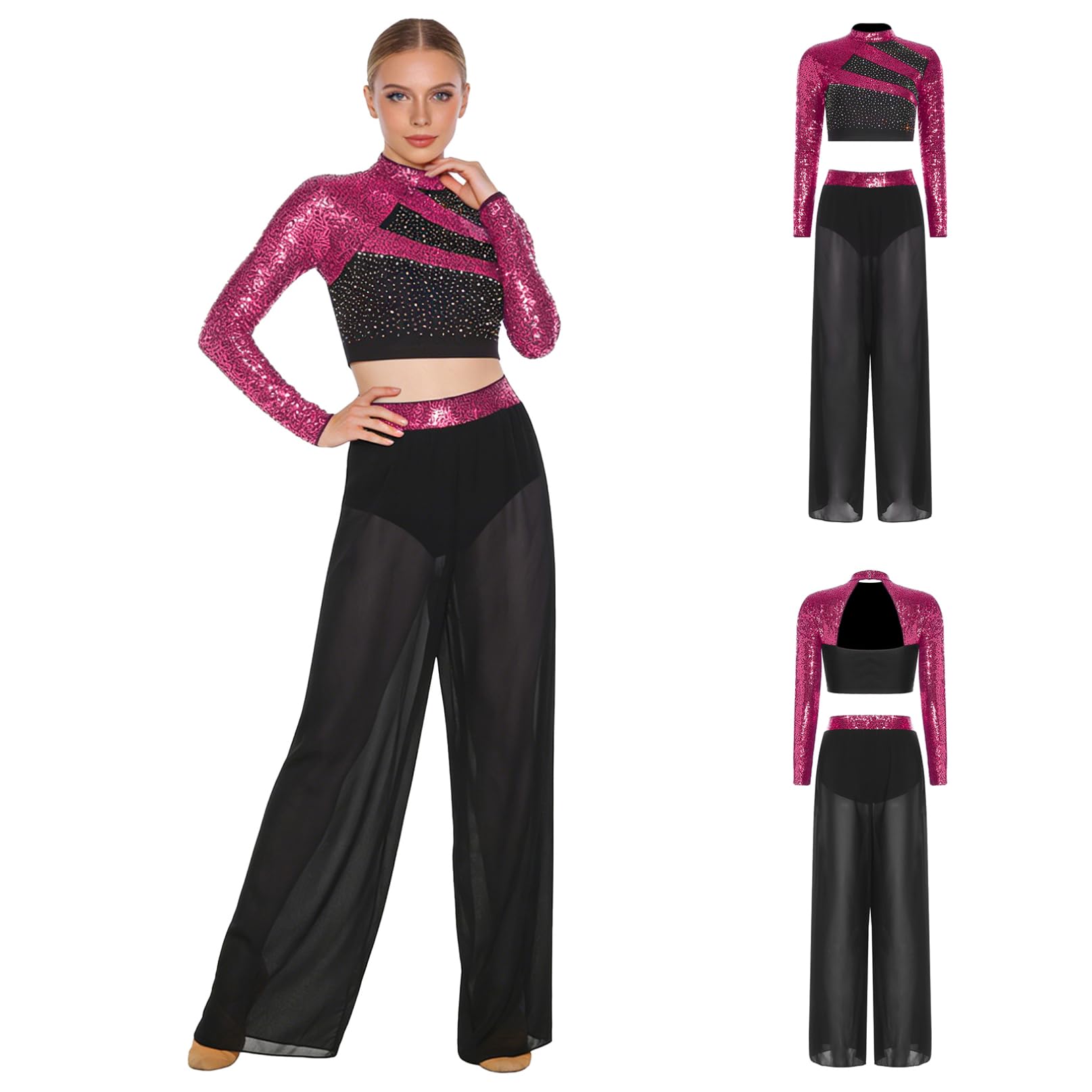 iiniim Traje de Baile Lentejuelas para Mujer con Crop Top de Manga Larga y Pantalones Traje de Gimnasia Rítmica Conjunto de Baile Lírico S-XXL