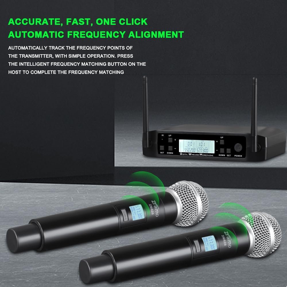 ZRAMO 200-Channel Wireless Microphone System, Dual UHF Metal Cordless Mic Set, Long Distance,Auto Scan Frequency, Use for Karaoke Singing, Family Party,Church(ZM820) - Image 3