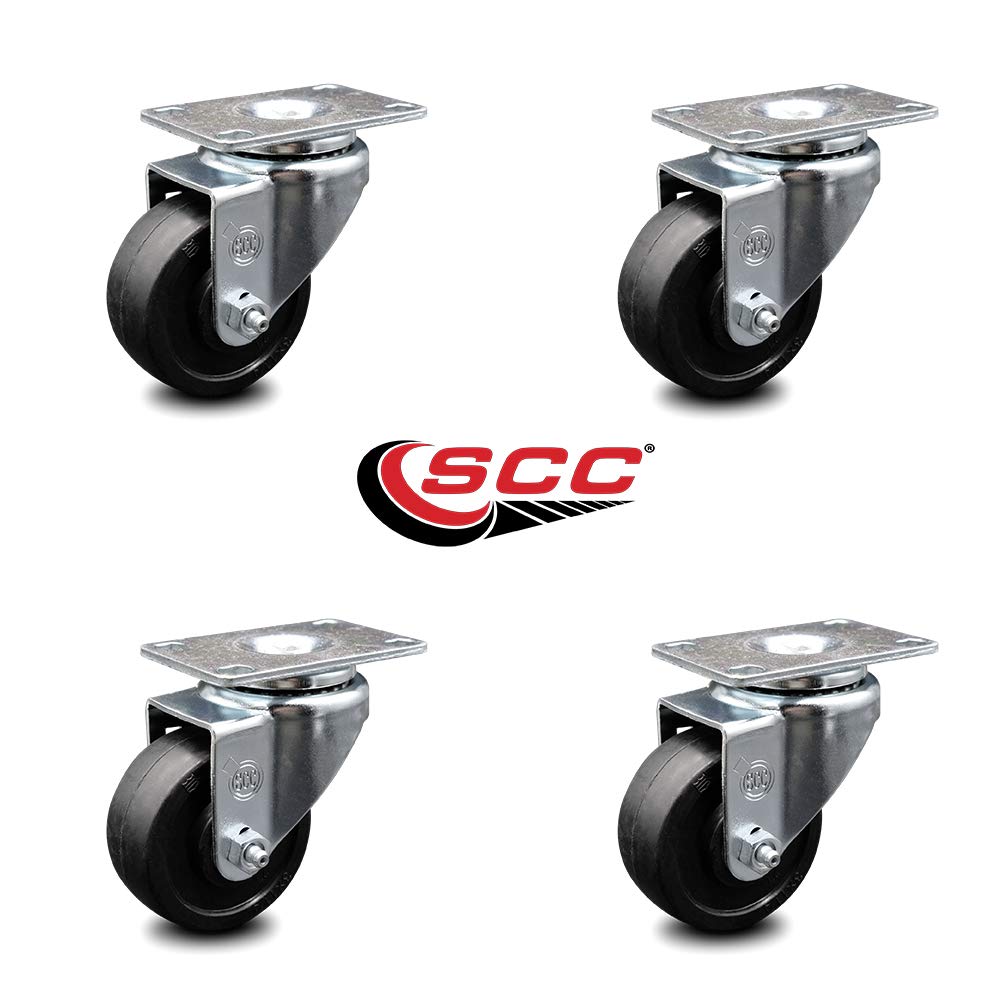 Soft Rubber Swivel Top Plate Caster Set of 4 with 3.5 Inch Black Wheels - Includes 4 Swivel - 800 lbs. Total Capacity - Service Caster Brand