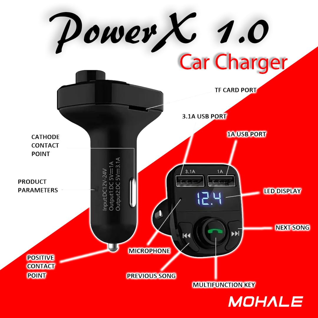 Mohale PowerX 1.0 Bluetooth FM Transmitter, Car Charger with Dual USB Ports (3.1A/1.0A), LED Display, Hands-Free Calling, Music Player, Black 2