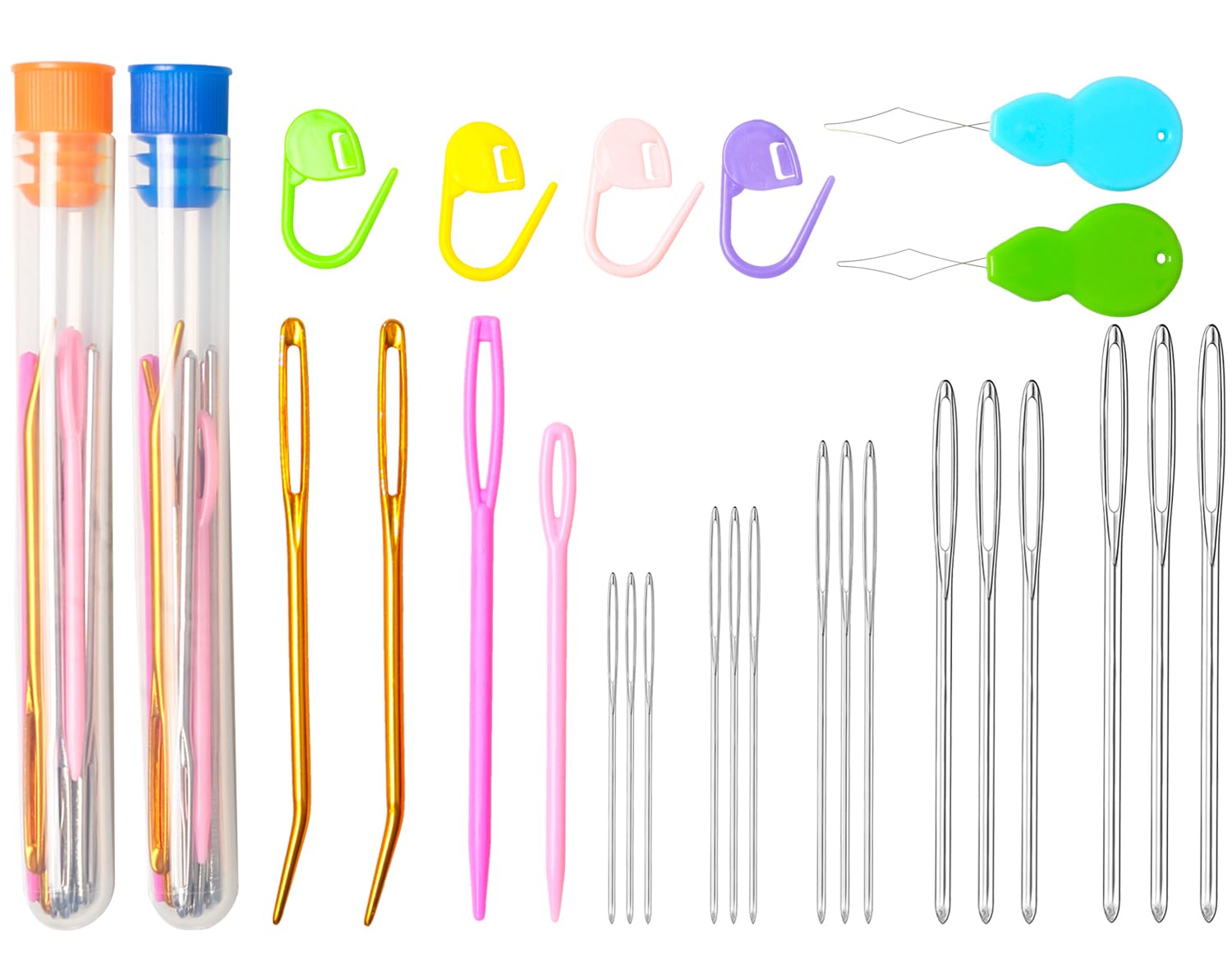Hekisn 45Pcs Large Eye Blunt Yarn Needles kit, Assorted Sizes Bent Tapestry Darning Needle, Sewing Needles with Needle Threaders &amp; Stitch Markers for Knitting Crochet (Orange&amp;Blue)