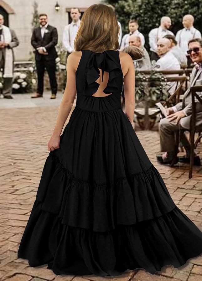 Kids4ever Girls Long Strap Dress Ruffle Kids Backless Tiered Maxi Dresses Party 6-13 Years4