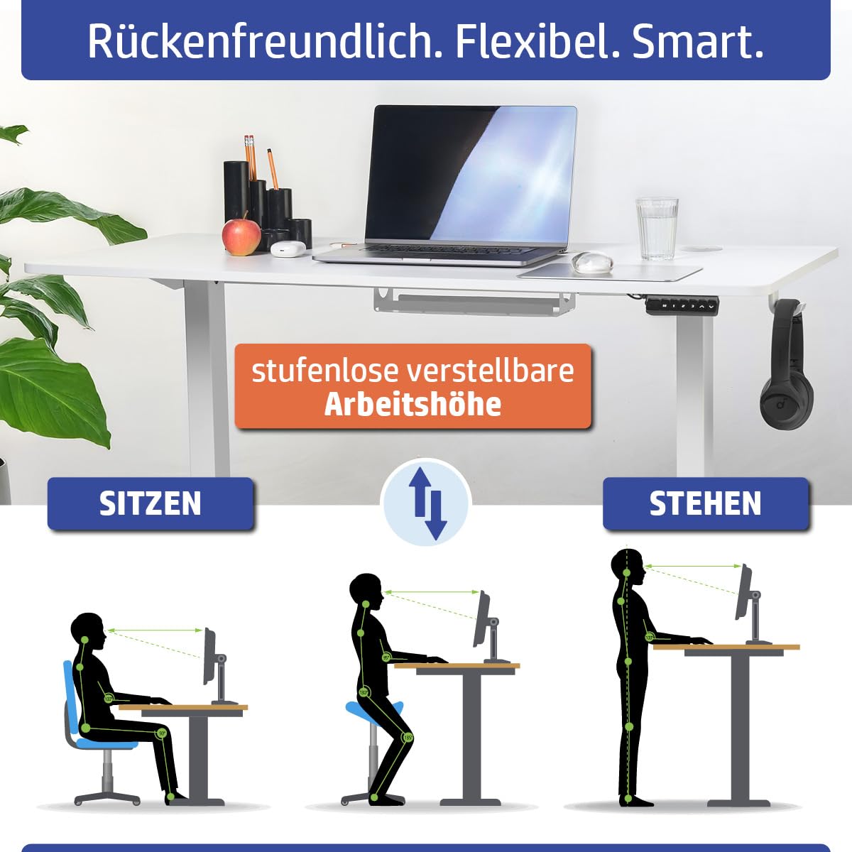 Höhenverstellbarer Schreibtisch FlexxPro | 3 Größen & 2 Farben | Durchgehende Arbeitsplatte | Inkl. LED-Bedienfeld & Kabeldurchführung | elektrisch stufenlos & ergonomisch | 120x60cm Weiß