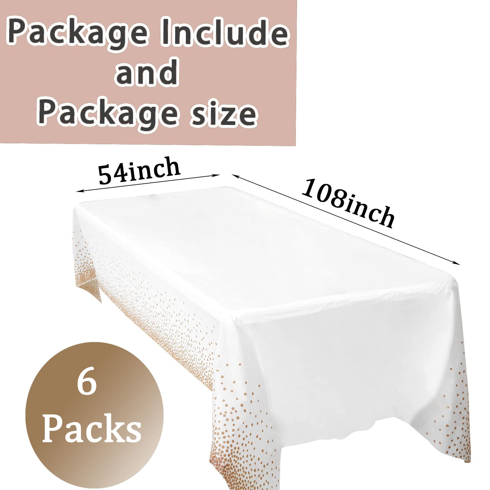 6er-Pack Tischdecken mit rosédenen Punkten für rechteckige Tische, 137 x 274 cm, weiße Kunststofftischdecken, wasserdichte Einweg-Partytischdecken, Tischdecke mit denen Punkten und Konfetti für