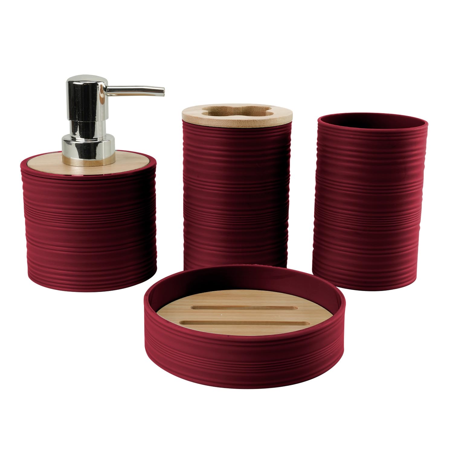 Set di 4 Pezzi Contenitori da Bagno Set di Accessori da Bagno con Dispenser Sapone, Tazza da Bagno, Portasapone, Portaspazzolino e Portadentifricio (Rosso Vino)