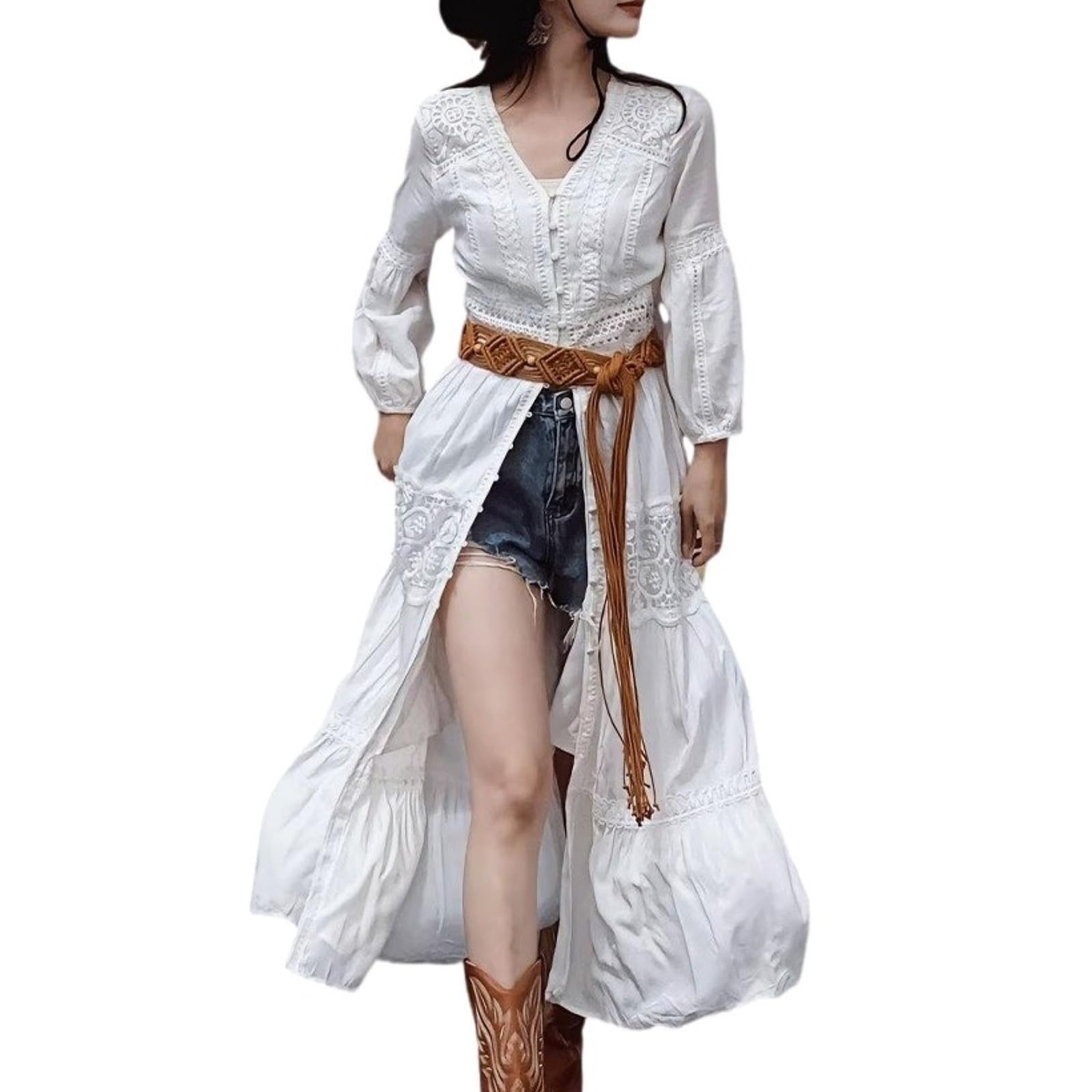 Donna Casual Button Down Abito da Spiaggia Ricamato Lungo Kimono Cardigan Costume da Bagno Copricostume Up
