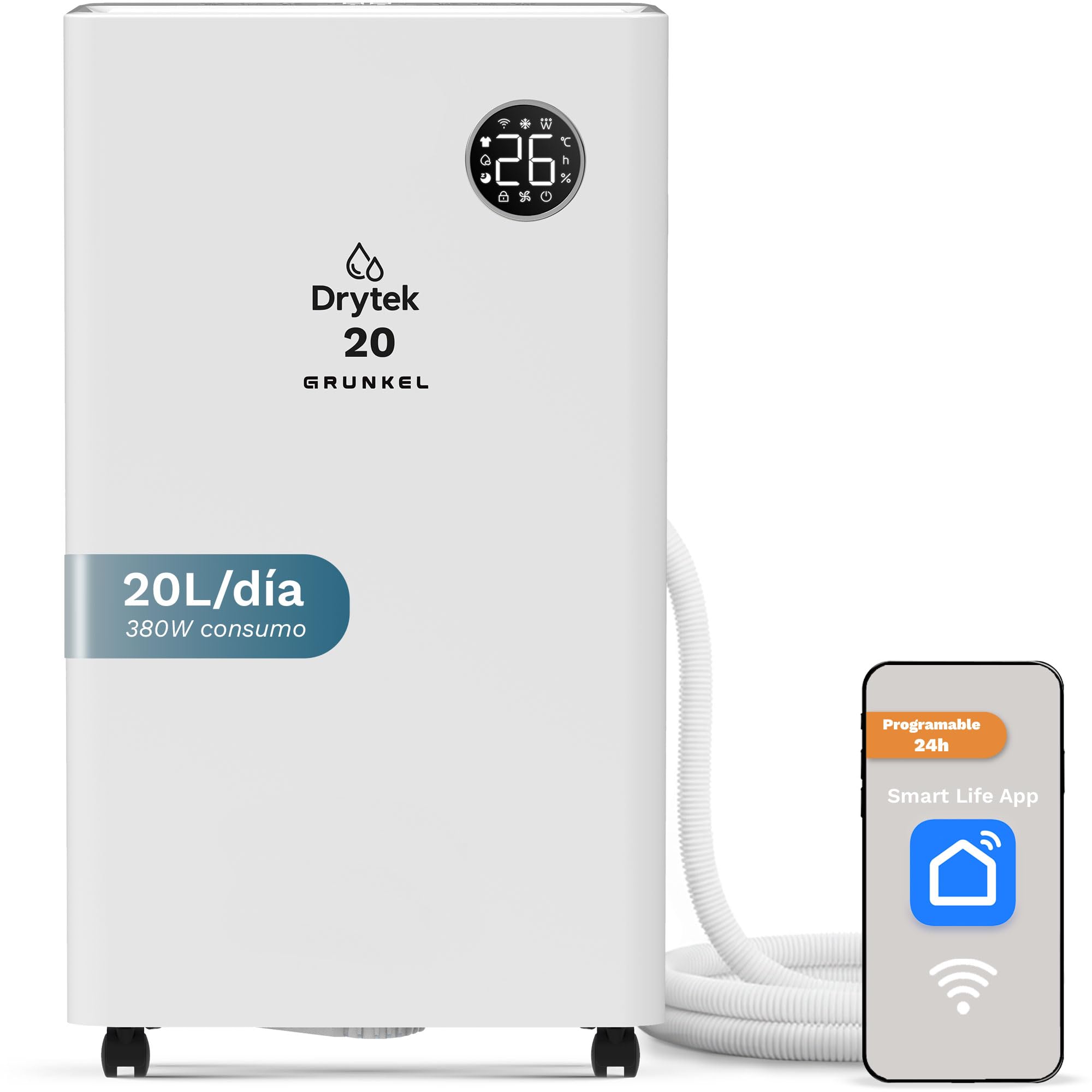 Grunkel Drytek 20 osuszacz powietrza, 20 l/dzień, LED panel dotykowy, WiFi, 300 m³/h, zbiornik 5,5 l, 42 dB Cichy, timer