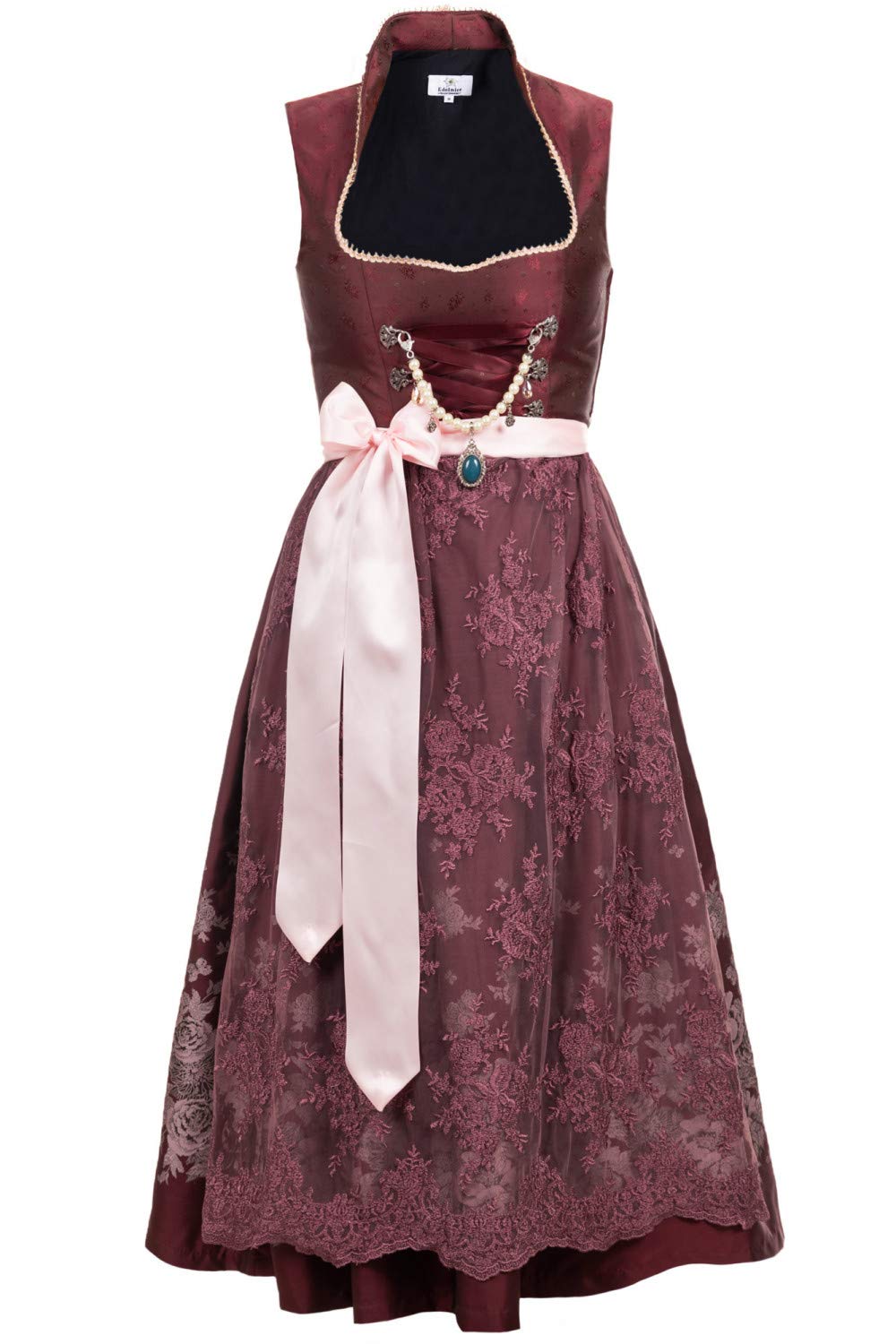 Edelnice Trachtenmode Exklusives Designer Stehkragen Langes Dirndl Stella inkl. Spitzen Dirndlschürze und Charivari