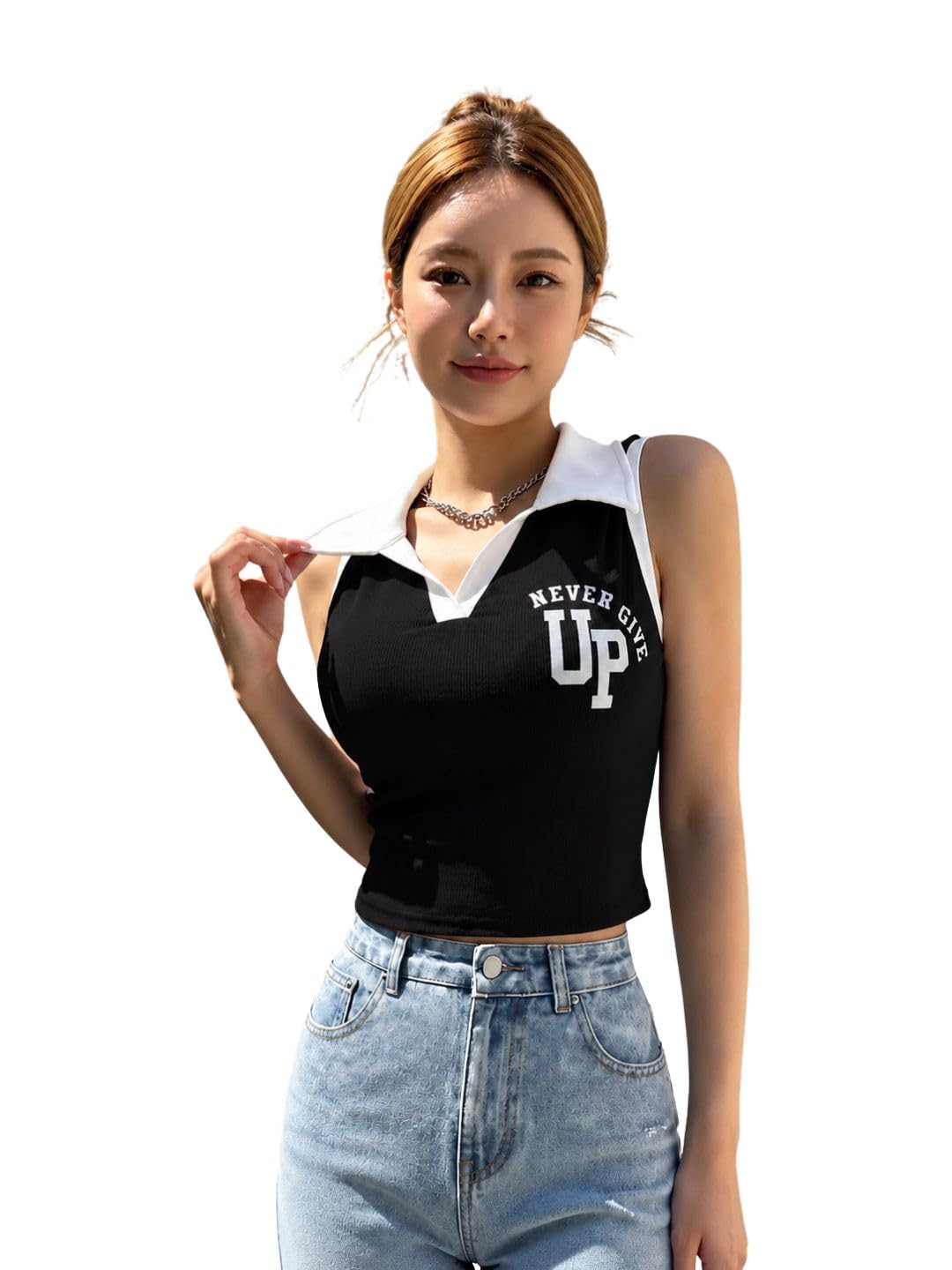 Women Black Crop Polo Top Sleeveless Casual Slim Fit Stylish Summer Wear-picture-31