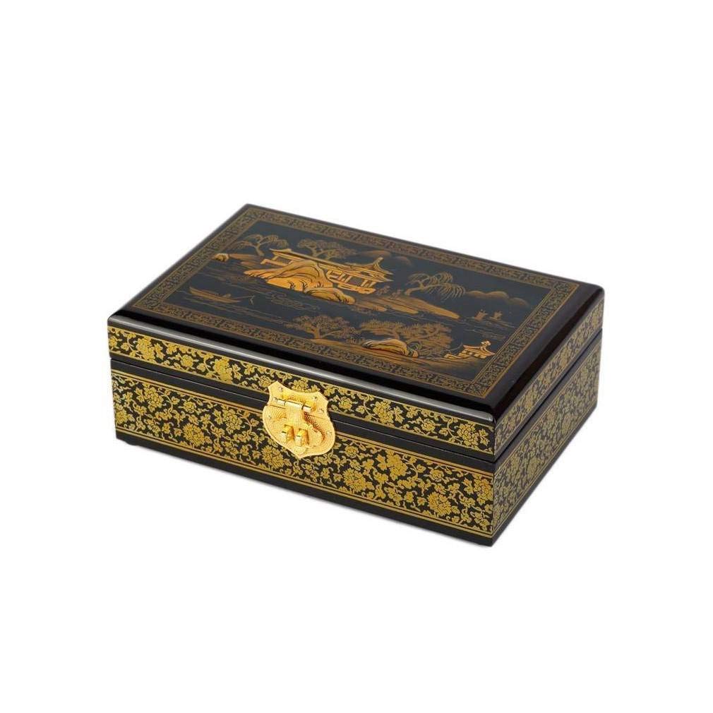 Joyero Paisaje chino Pekín Beijing Caja de almacenamiento de joyas madera lacada Negro oro dorado Decoración asiática