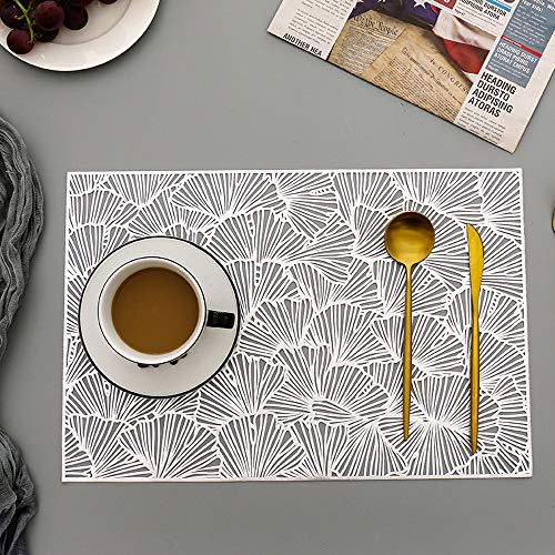 Hosoncovy 4 Pack Ginkgo Biloba Decorative Placemats Rectangle PVC Hollow Table Place Mats Heat Resistant Non-slip Dining Placemats Leaf for Home Kitchen (Silver)