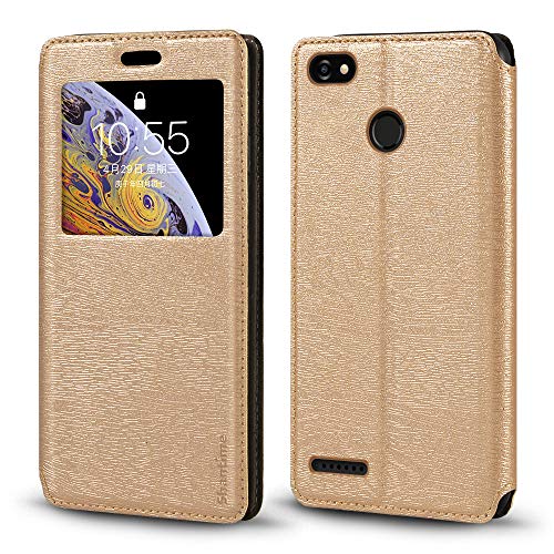 Shantime Funda de Cuero con Ventana Compatible con ZTE Blade A3 2017, Diseño Elegante Vista Clara, Cierre Magnético Oculto Ranura Tarjeta(Dorado)