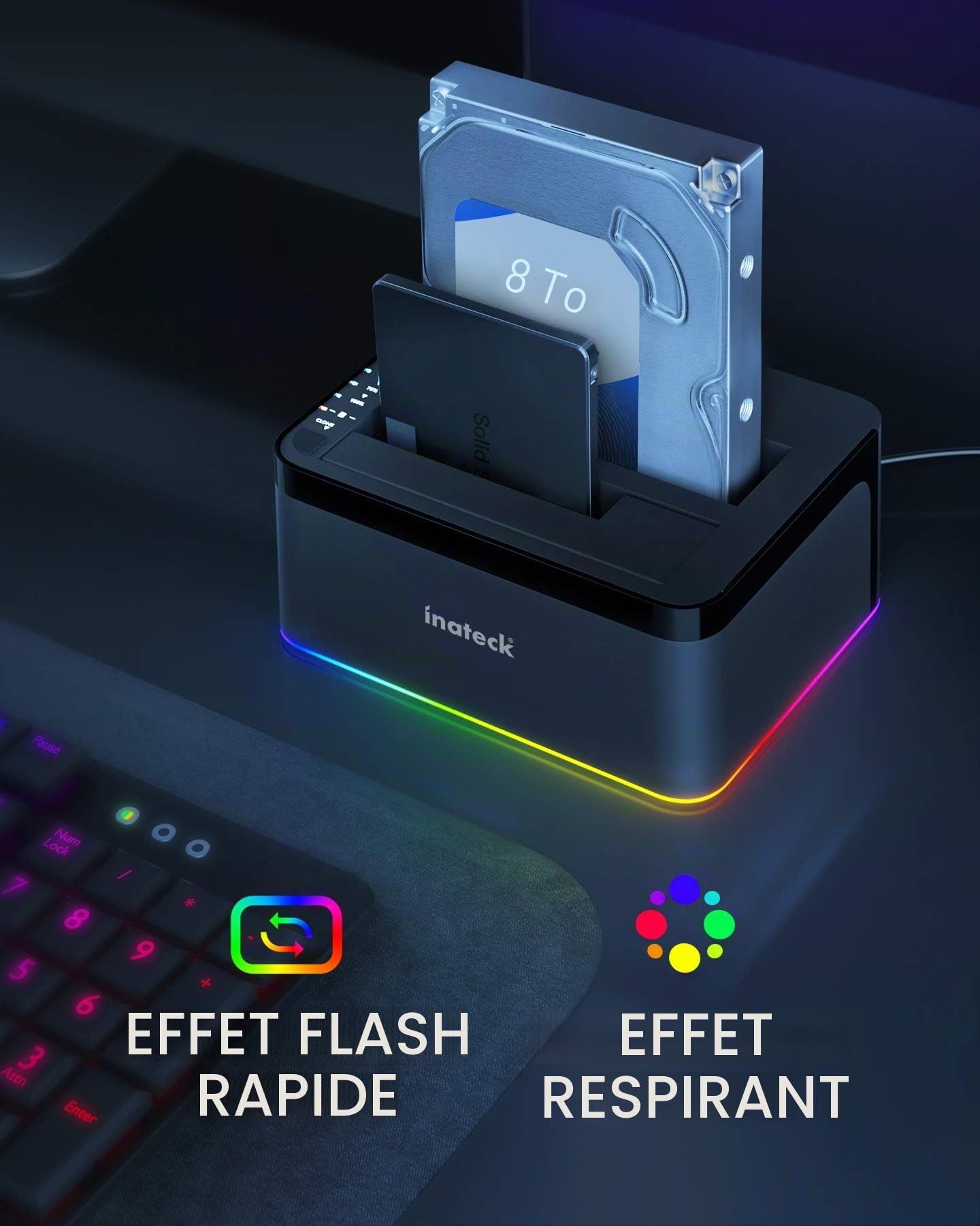 Inateck RGB USB 3.0 Station d’Accueil, avec la Fonction de Clone Hors-Ligne, pour HDDs et SSDs 2,5 et 3,5 Pouces, Double Baie 2 x 20 to, UASP Soutenu (SA02003-BK)