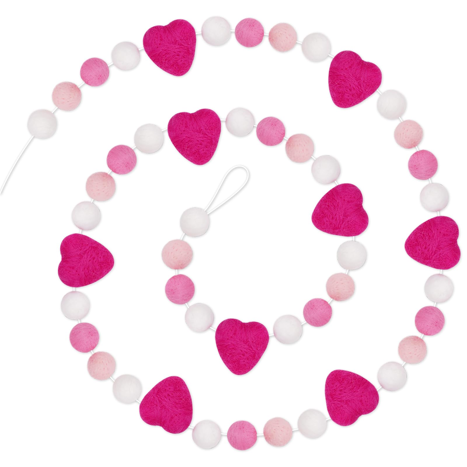 Whaline Valentinstag-Filzkugel-Girlande, 49 Bälle, Herz-Banner, rosa, weiß, flauschig, hängendes Ornament für Urlaub, Party, drinnen und draußen, Heimbüro, Dekoration, 3 m