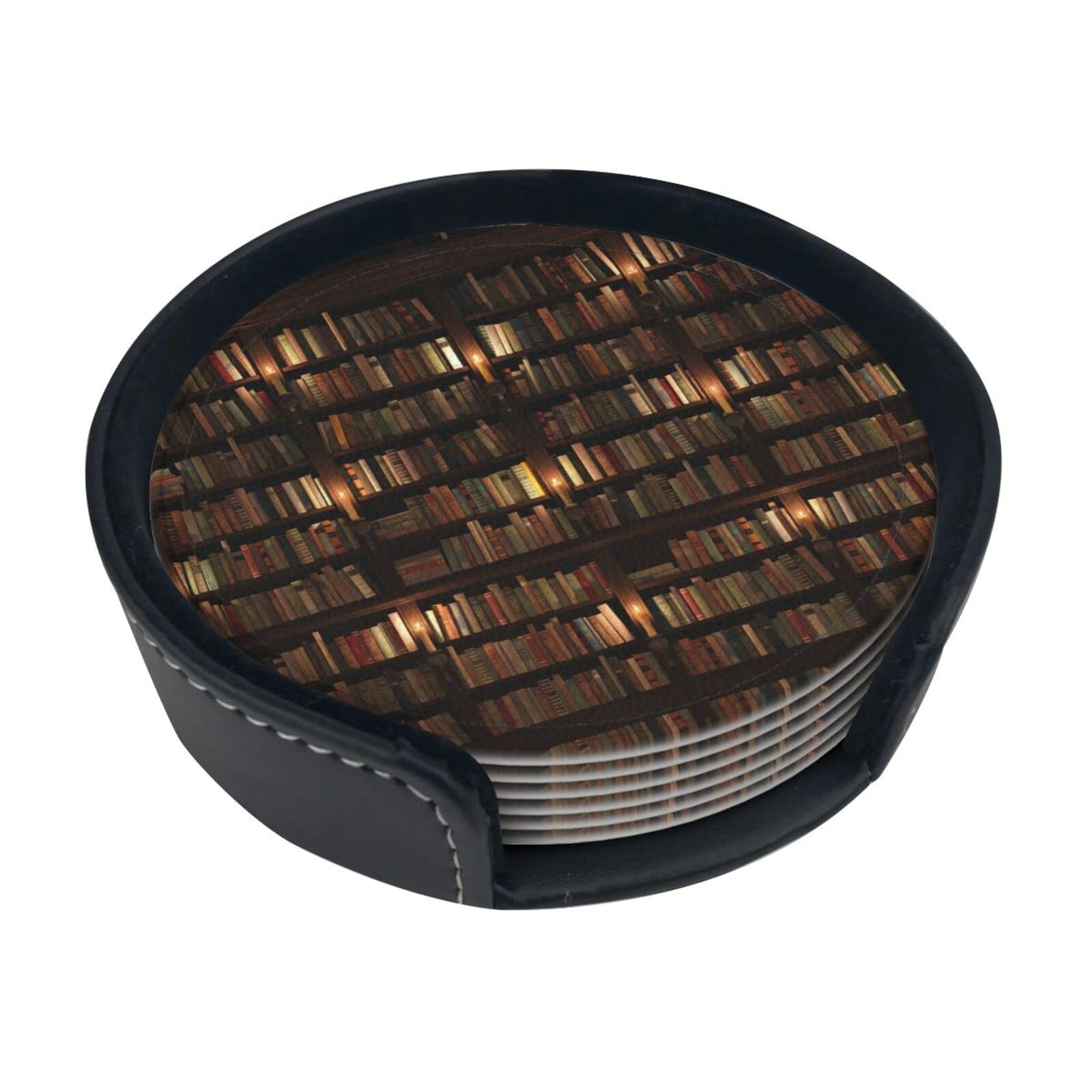 Coasters Set Of 6 Library Bookshelf Book Print Leather Coasters For Drinks,Home Décor And Housewarming Gift