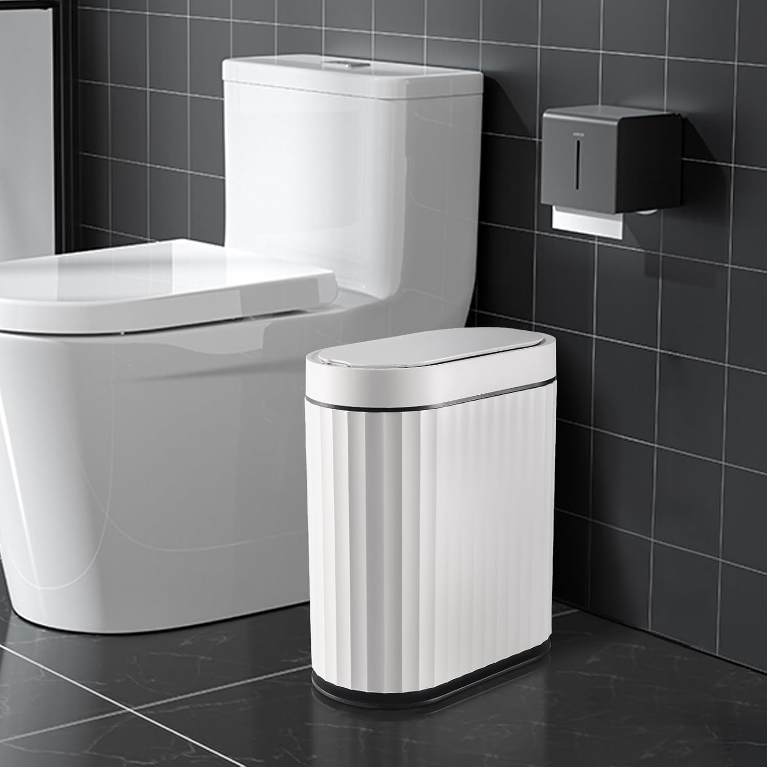 ELPHECO Bathroom Trash Can with Lid 2 Gallon Small Sensor Garbage Can, 9 Liter Slim Smart Trash Bin, Waterproof Automatic Wastebasket, Narrow Plastic Garbage Bin for Bathroom, Black and White White Black 2 Gallon