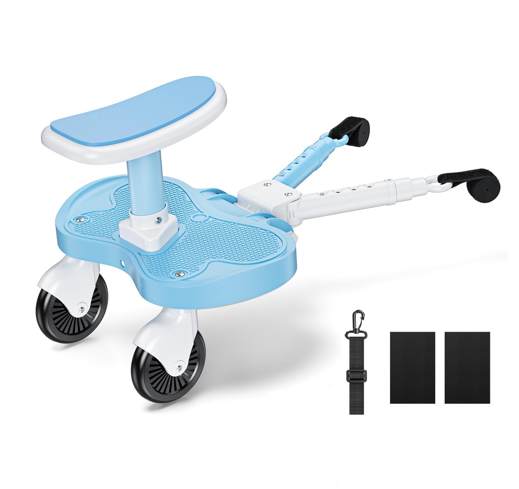 Planche Poussette Universelle Bleu Ciel, Marche Pied Poussette Universelle avec Siège, Compatible 99% des Poussettes, Planche à Roulettes pour Enfants 2-6 Ans (25KG)