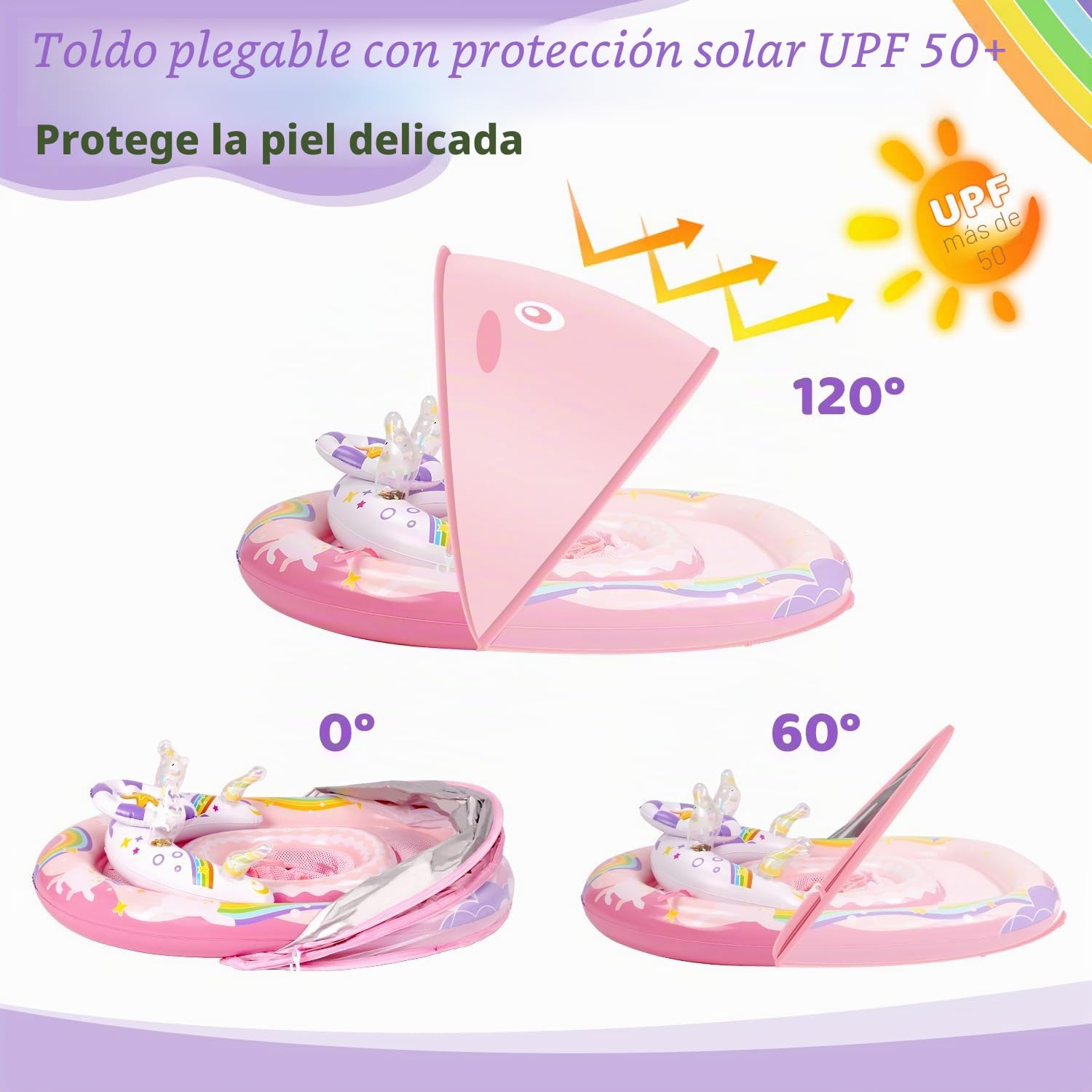 ACELIFE Flotador para bebé, Flotador de Unicornio para bebé con UPF50+ sombrilla Desmontable, con Flotador Hinchable para bebés de 6 a 36