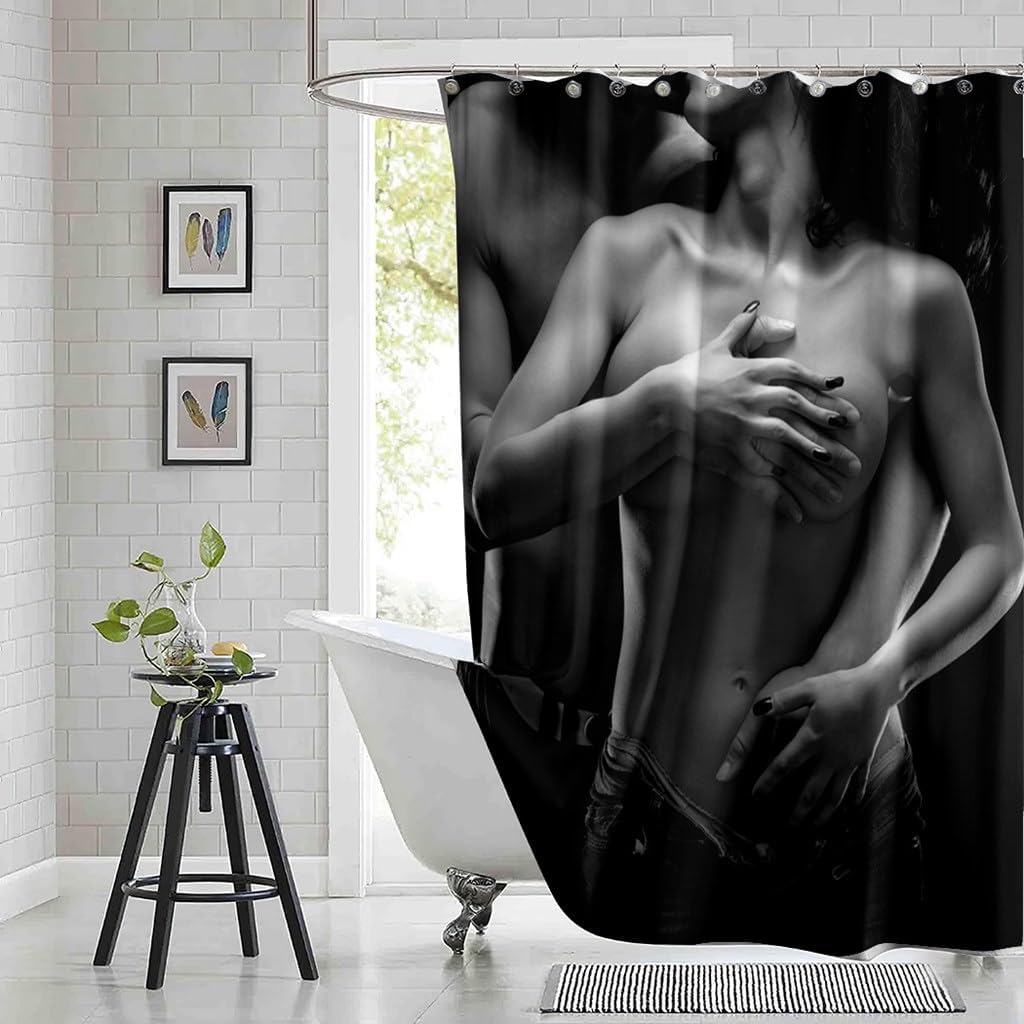 Young Couple in Love Shower Curtain Set Couple Sexy Man Woman Sensual Black Love White Bathroom Curtains Polyester Fabric Waterproof Bath Curtains Decor 72" W x 72" L with Hooks