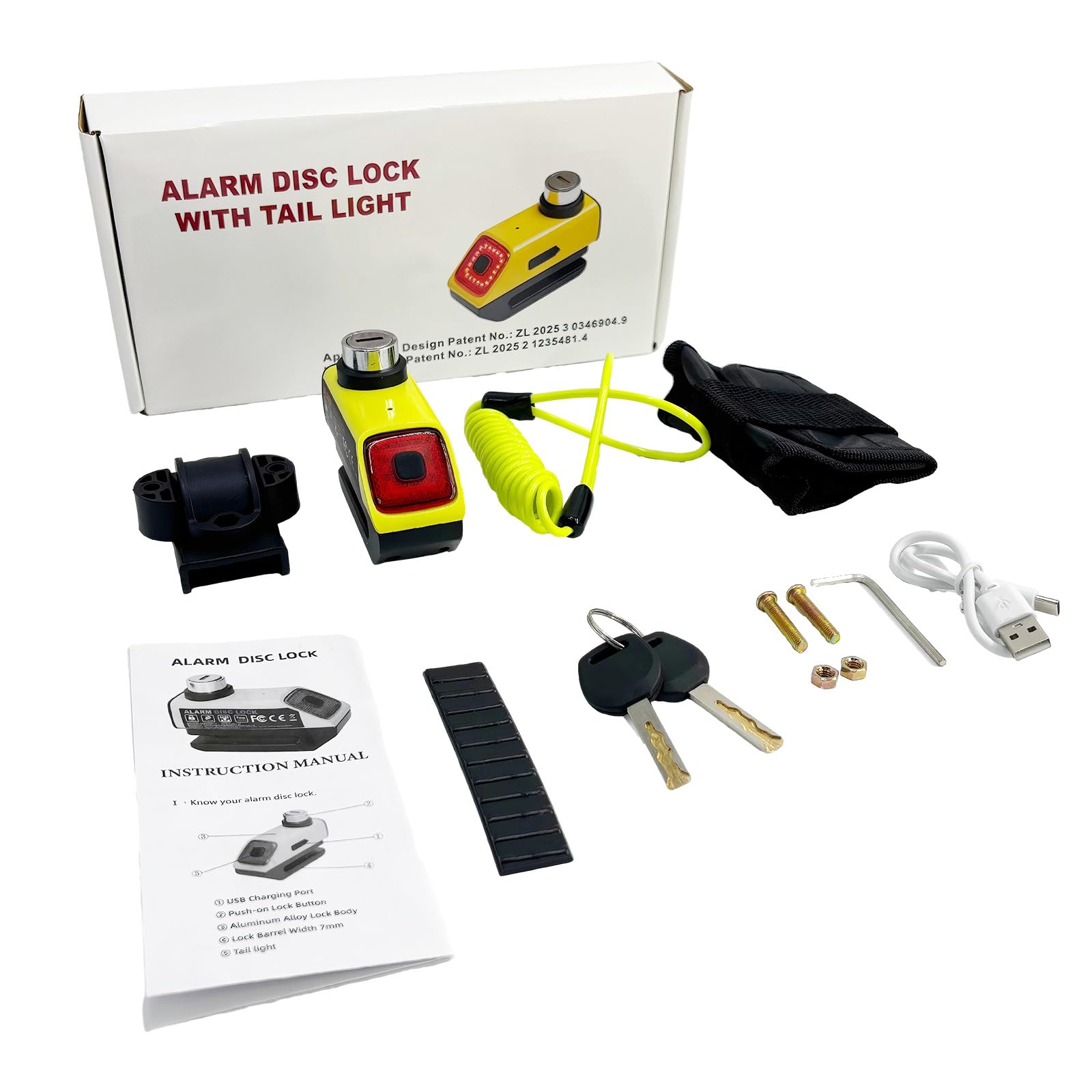 Antivol Moto avec Alarme 110dB, Rechargeable USB et Feu Arrière - Bloc Disque Haute Sécurité, Câble Escamotable 1.2m et Sac de Transport Inclus - Universel 7mm pour Moto, Scooter, Vélo