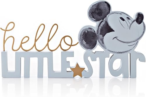 Miniatura 2 de Happy Homewares Adorable decoración de bloque de madera azul de Mickey Mouse de Disney Hello Little Star para bebés niños que esperan padres, con