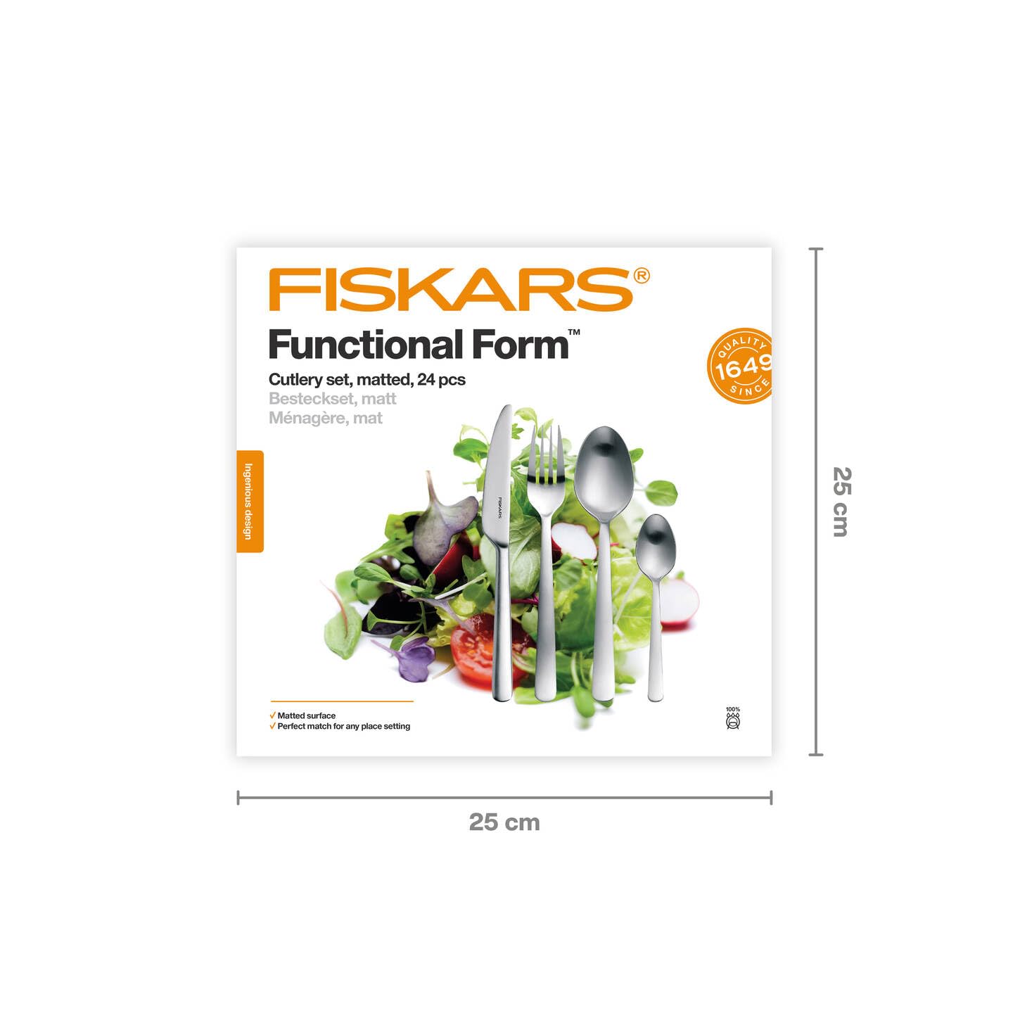 Fiskars Besteck-Set, 24-teilig, Functional Form, 6 Messer, 6 Gabeln | 6 Löffel und 6 Teelöffel, Edelstahl 18/10, Silber/Matt, Geschenkbox, 1071624