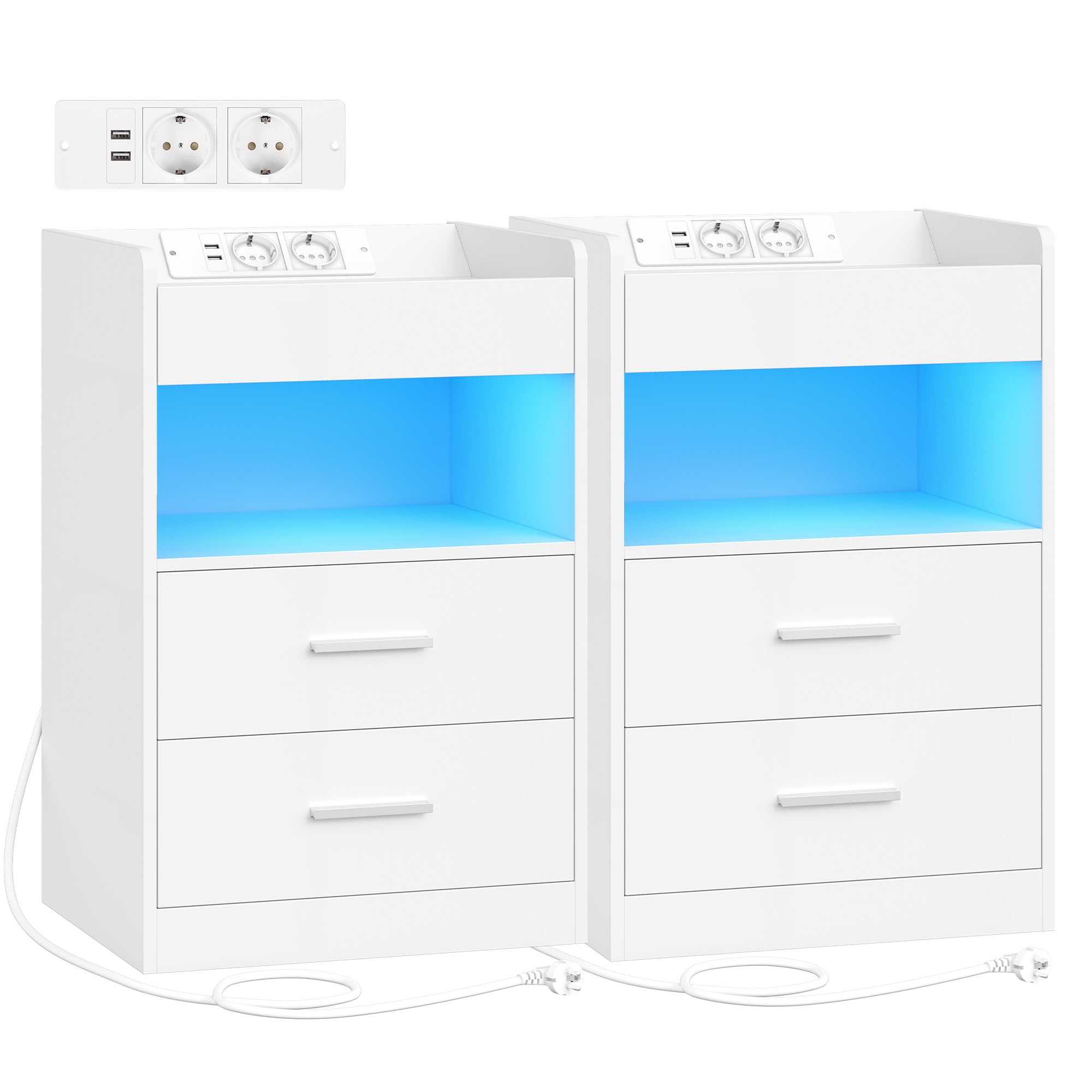 Hzuaneri Comodino Set di 2, Comodini Camera da Letto con Luce LED e Stazione di Ricarica, 2 Cassetti, Tavolino con vassoio, 35 x 40 x 60 cm, Soggiorno, Bianco NS33603XEU