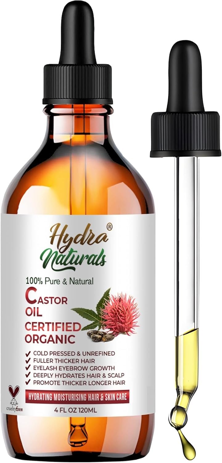 Hydra Naturals Castor Oil Cold Pressed – 100% Pure, Organic, Unrefind & Hexane-Free | Hair Growth Oil for Scalp, Brows & Lashes | Skin & Beard Care Deep Moisturizing Carrier Oil 120ml