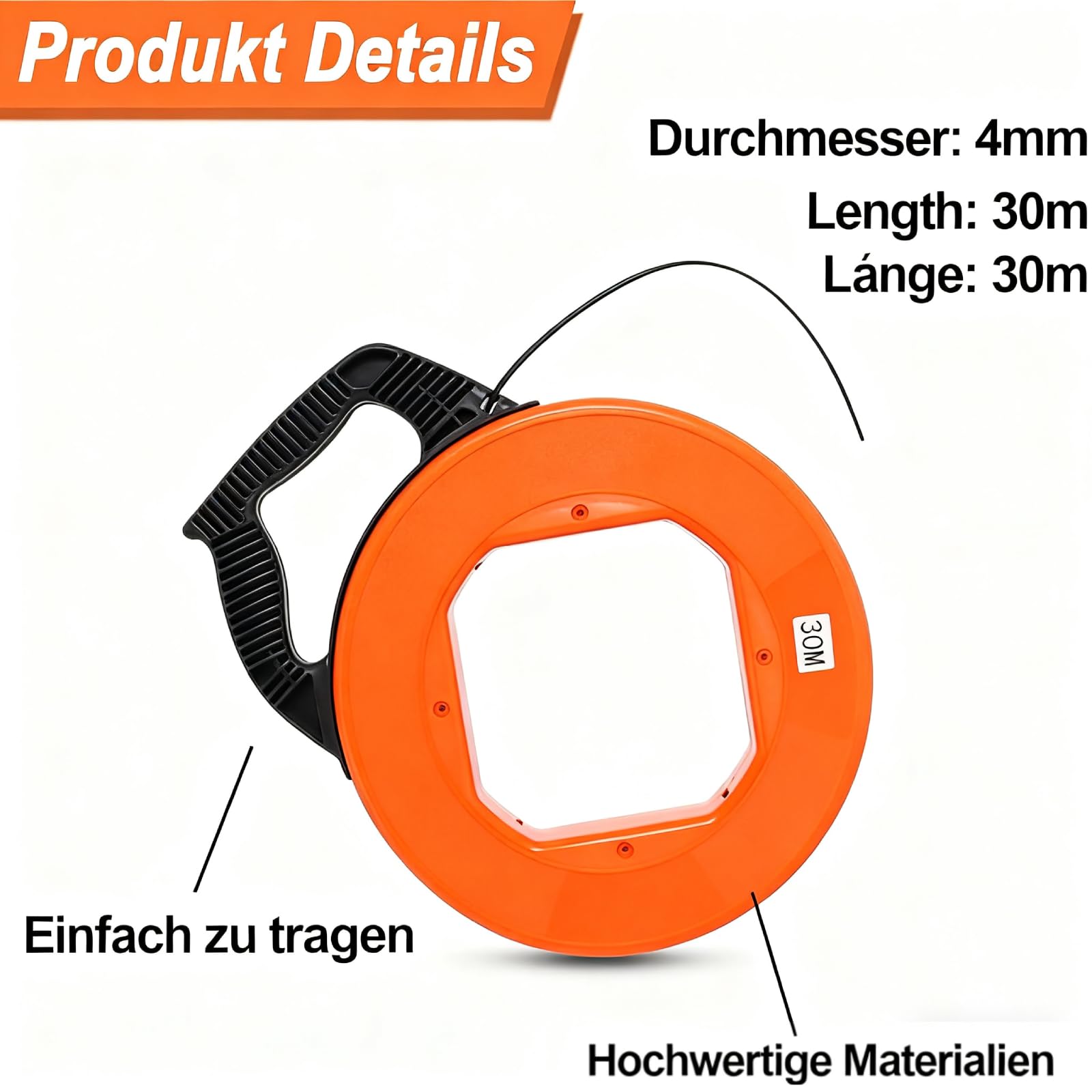 Gekufa Sonda Passacavi Cavo da 30 m, 4 mm, Sonda Tiracavi con 6 adattatori, filo di trazione con alloggiamento in plastica e maniglia, molla di estrazione per la posa dei cavi (arancione)