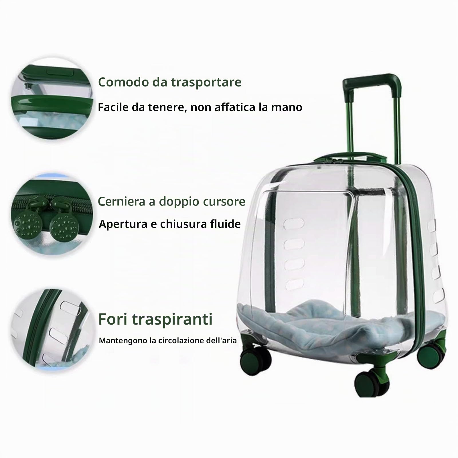 Trasportino per Gatti Rigido, Trasportino per Cani da Viaggio Traspirante, Trolley per Gatti Trasparente su Ruote, capacità di Carico Massima 10Kg (Color : Green Transparent)