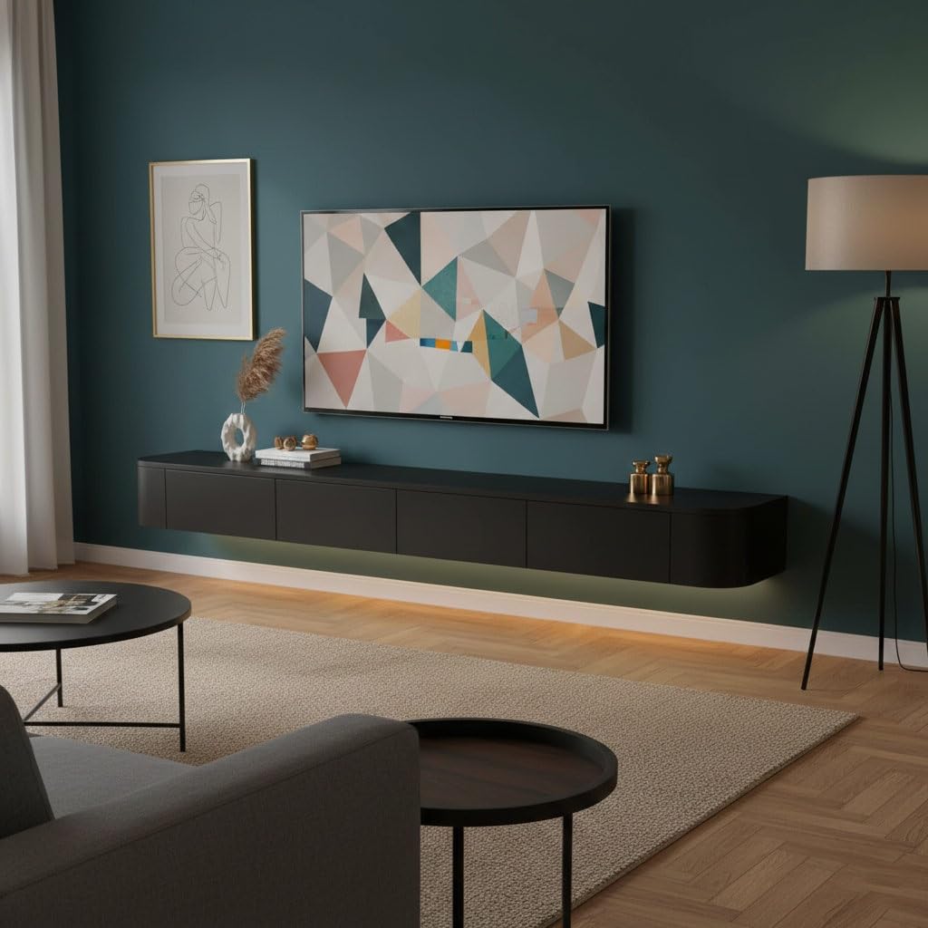 Moderner, schwimmender TV-Ständer – Wandmontierte TV-Schrankkonsole für Wohnzimmer/Schlafzimmer, 240 cm, schwarzer Aufbewahrungsschrank mit Türen, stilvolles Media-Center für Fernseher 120–300 cm
