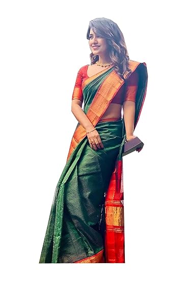 Buy YURENUS FASHION Green Women's Kanchipuram Silk kannchii Pattu Saree  with Blouse (green orange) at Amazon.in