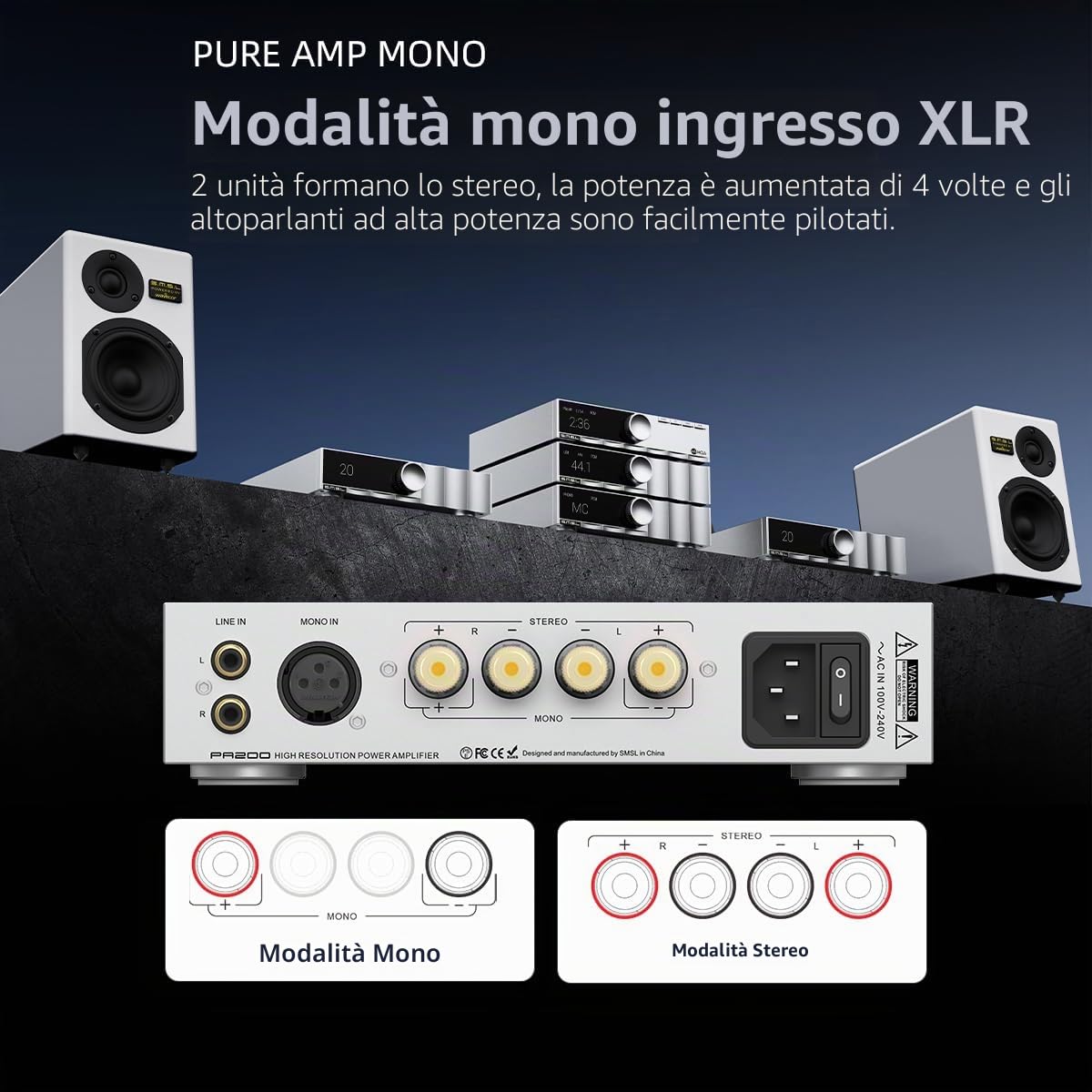 Amplificatore di potenza SMSL VMV PA200 con il nuovo GaN-FET di Infineon, stereo in modalità pass-through, chip PGA2311, ingresso XLR in modalità mono, RCA-Hi-Res