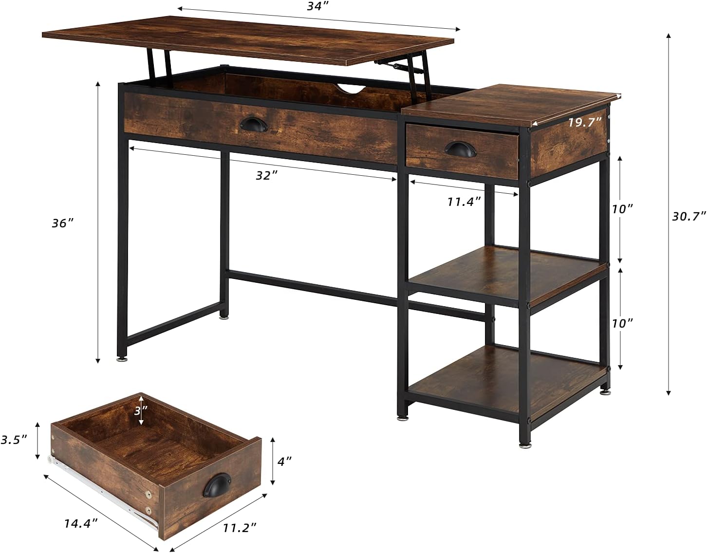 EROMMY Lifting Home Office Computer Writing Desk, 47 inch Standing Desk, Study Writing Table Workstation with Drawers and Storage Shelves, Height Adjustable, for Small Spaces,Rustic Brown : Office Products