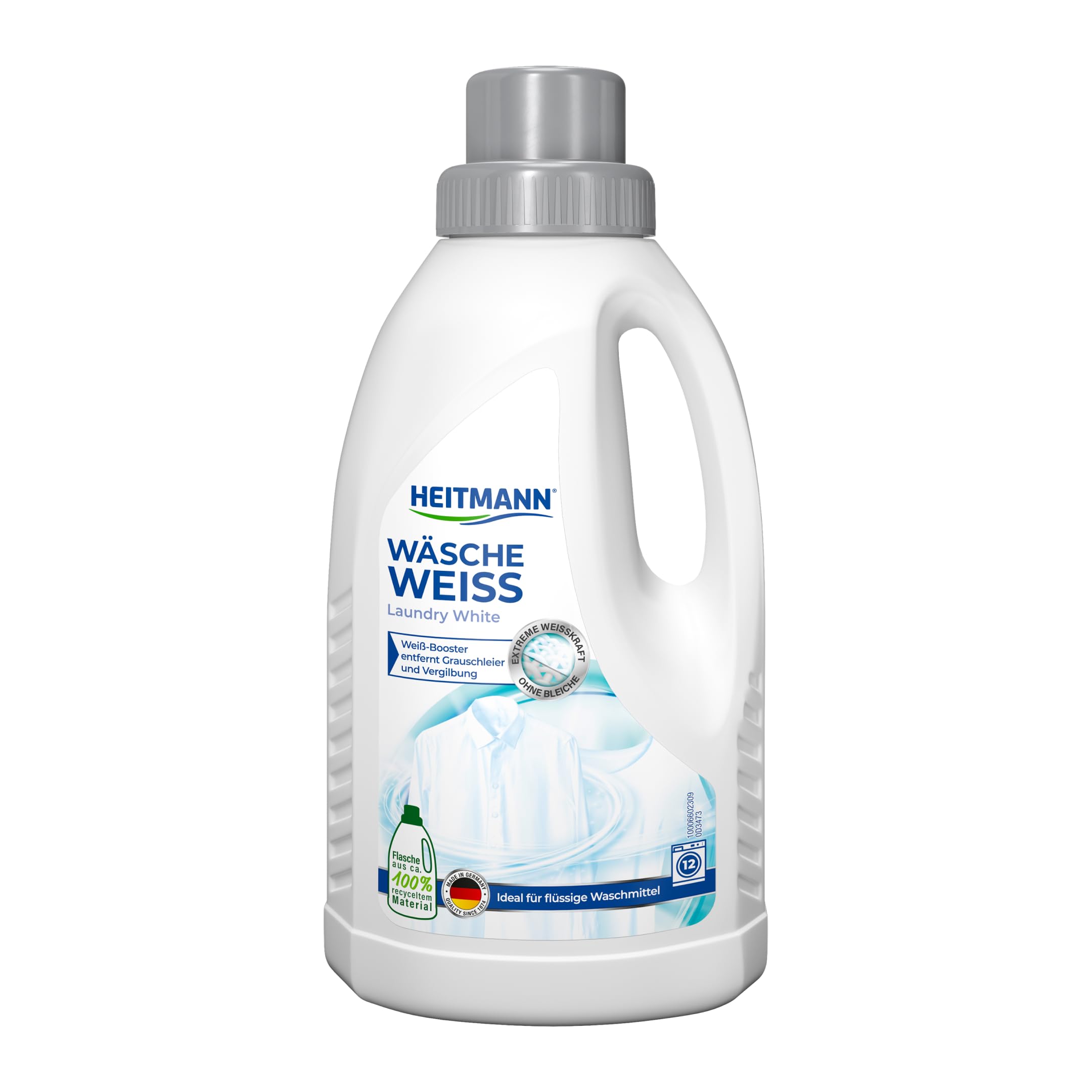 HEITMANN Laundry white: liquid whitening brightener for grey haze and yellowing, no bleach, suitable for fine washing, matched to liquid detergent, made in Germany, 500 ml