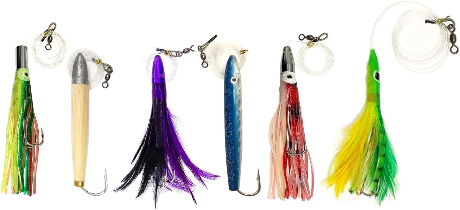 Cedar Plug Tuna Feather Jet Head Trolling Lures 6 Pieces