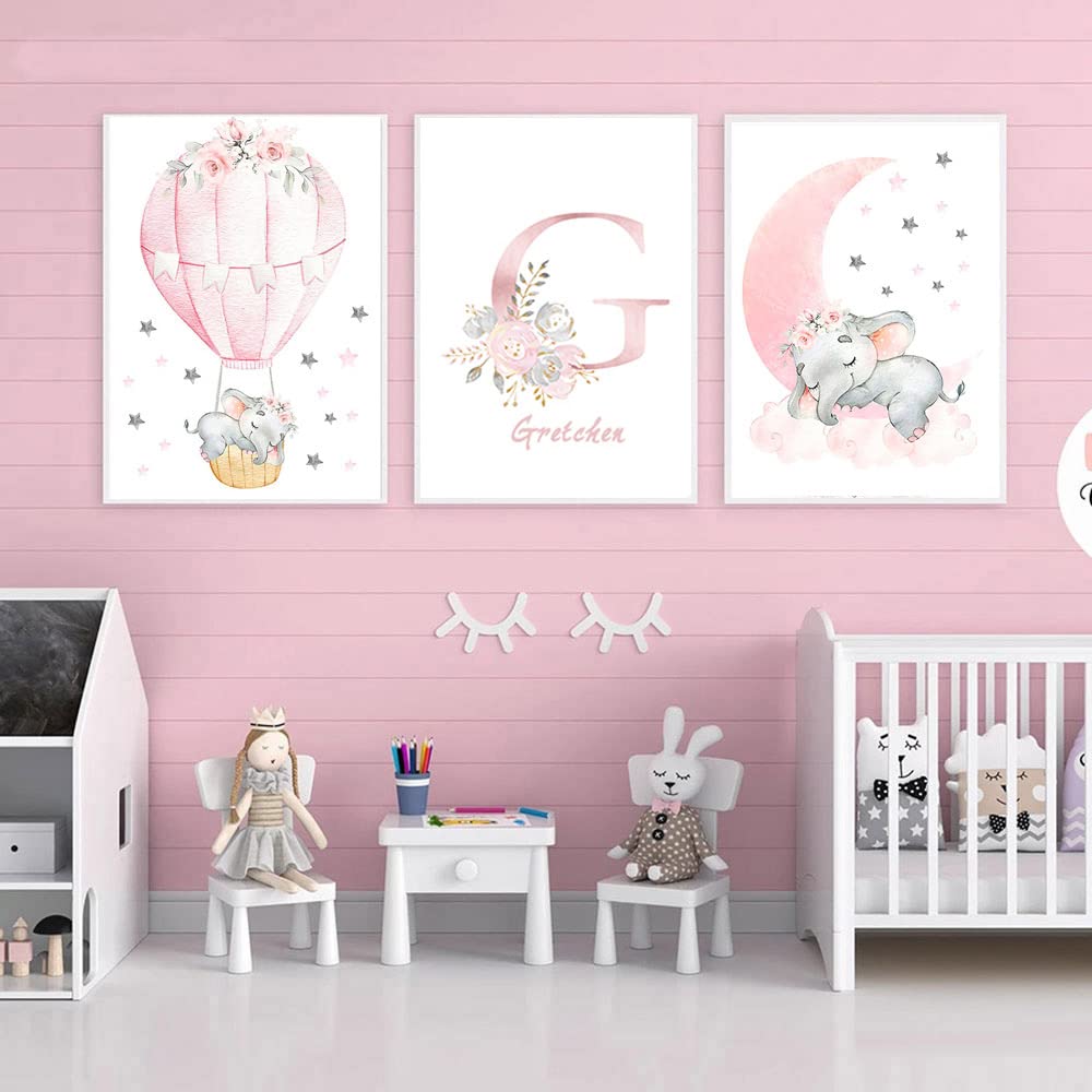 Youihom 3 Cuadro Personalizado con Nombre del Bebe 30 x 40 cm Rose Poster Rosa Laminas Infantiles para Habitacion Lienzo Elefante Luna Globo Estrella Nubes Globo Decoracion Dormitorio Niña sin Marco