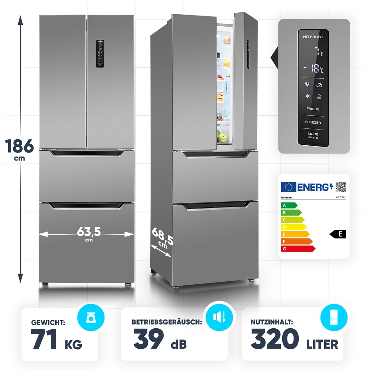 Bomann Réfrigérateur et Congélateur 320L Inox KG7361-Inox, Système MultiAirflow, Totalement Sans Givre, Éclairage LED, 4 Étagères en Verre, 2 Tiroirs Congélation, Économie d'Énergie